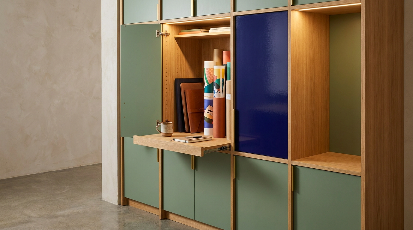 Modern wooden shelving unit with green and blue cabinet doors, some open compartments, a small fold-out desk with notebooks, folders, and decorative vases, against a beige wall on a polished concrete floor.
