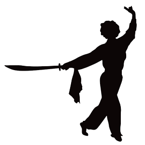 Silhouette of a woman practicing a martial arts move with a sword, standing on one leg and holding a towel in her other hand.