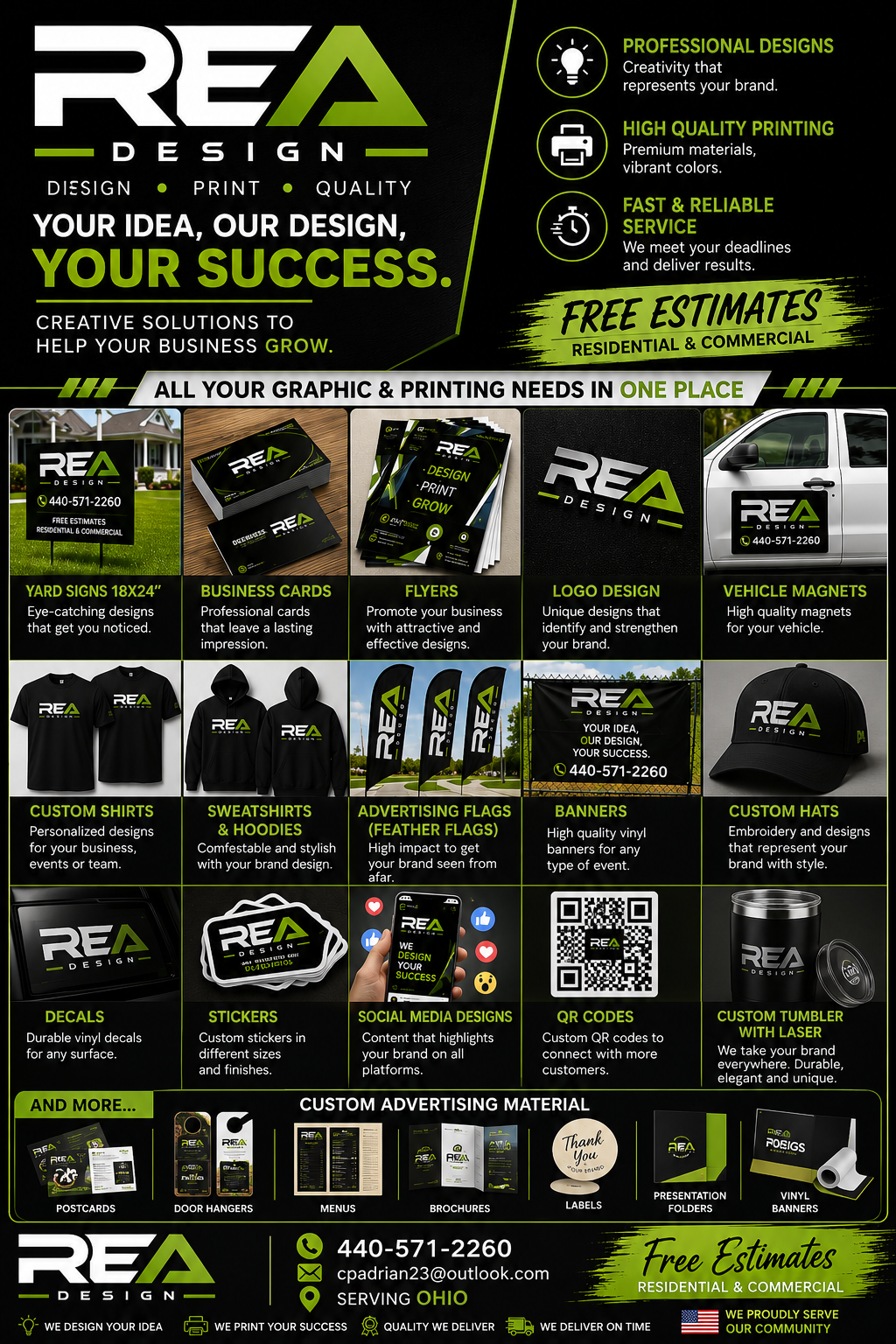 Una infografía que promociona los servicios de REA Design, una empresa de diseño gráfico e impresión que ofrece carteles, tarjetas de presentación, folletos, diseño de logotipos, imanes para vehículos, camisetas, sudaderas, banderas, gorras, calcomanías, pegatinas, diseños para redes sociales, códigos QR y otros materiales publicitarios personalizados con contacto en Ohio.