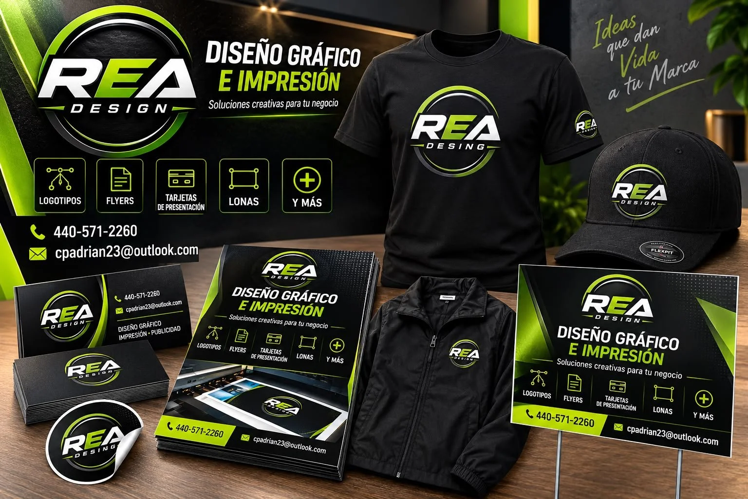 Material de marketing para REA Design, incluyendo camisetas, gorra, folder, tarjetas, señal, y stickers con logo y texto promocional en colores negro, verde neón y blanco.