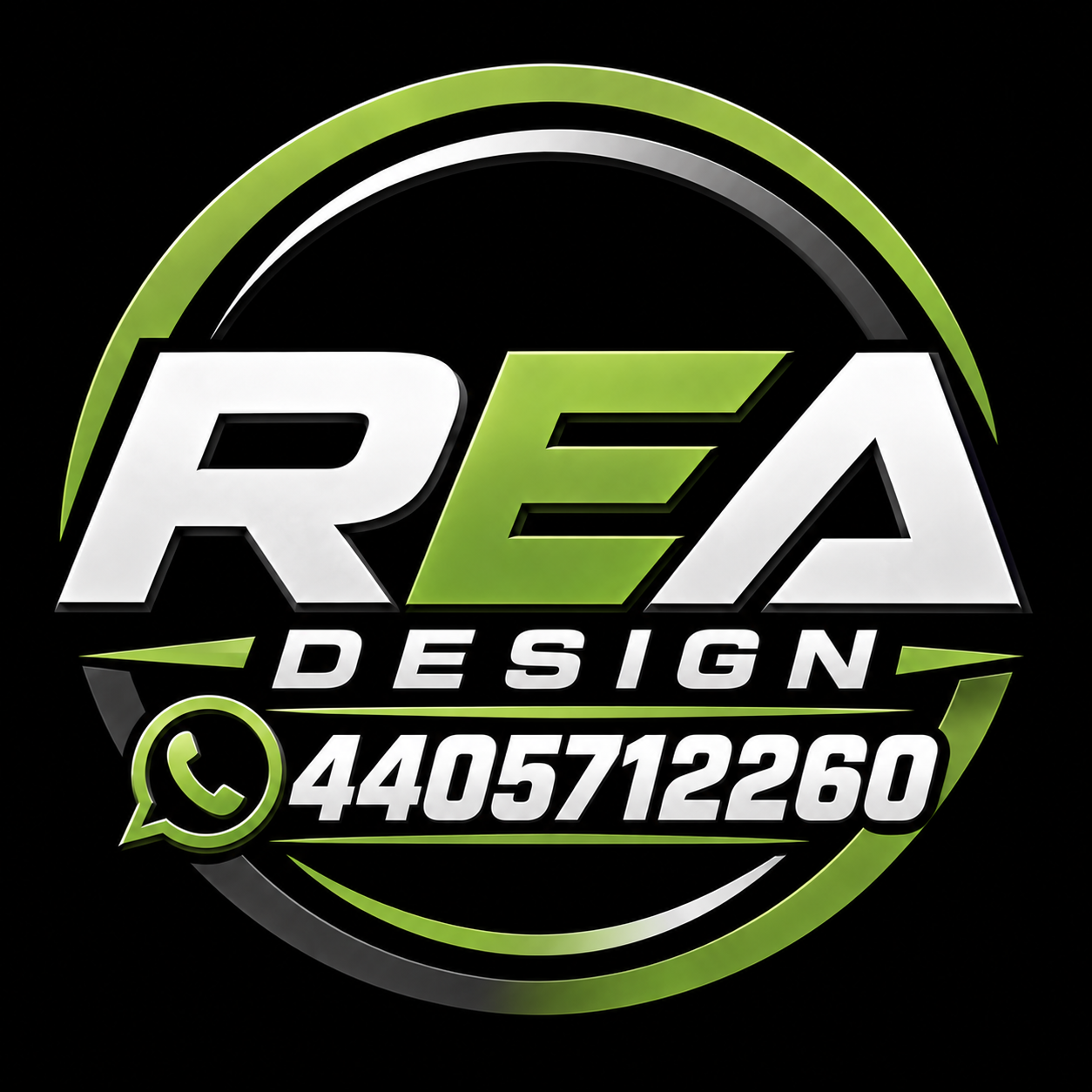 Logotipo de diseño gráfico con los textos 'Rea Design' y un número de teléfono, junto a un ícono de WhatsApp en color verde y negro en fondo negro.
