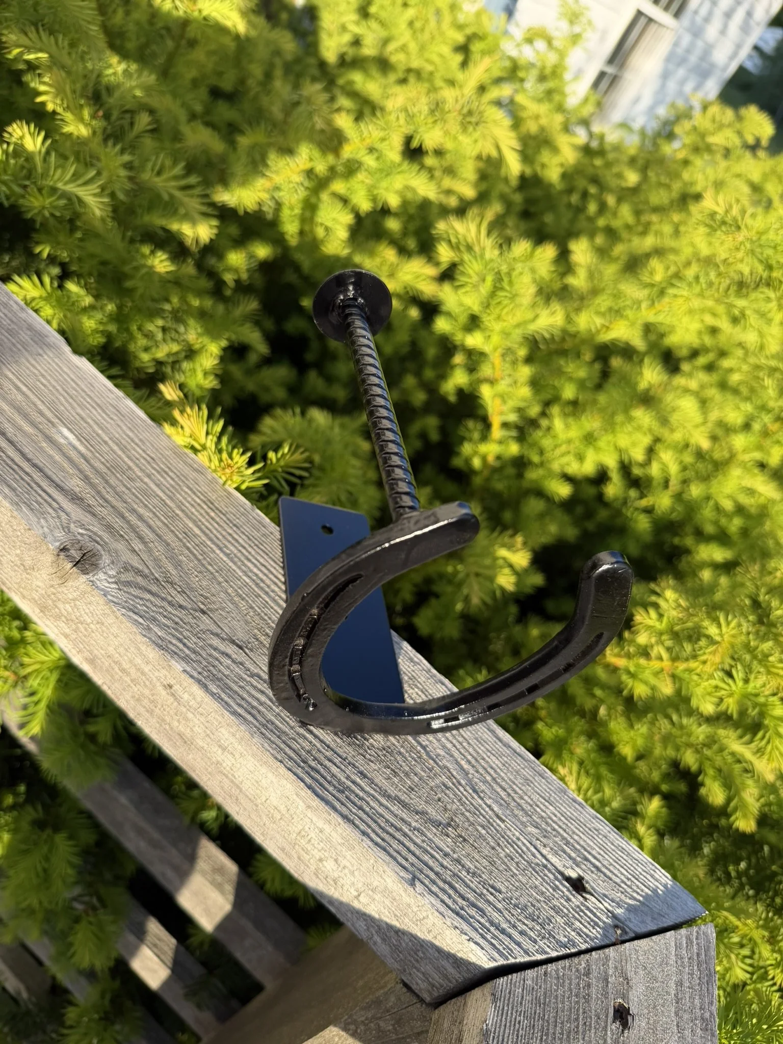 Close-up of a black outdoor hook mounted on a wooden railing, with lush green foliage and a building in the background.