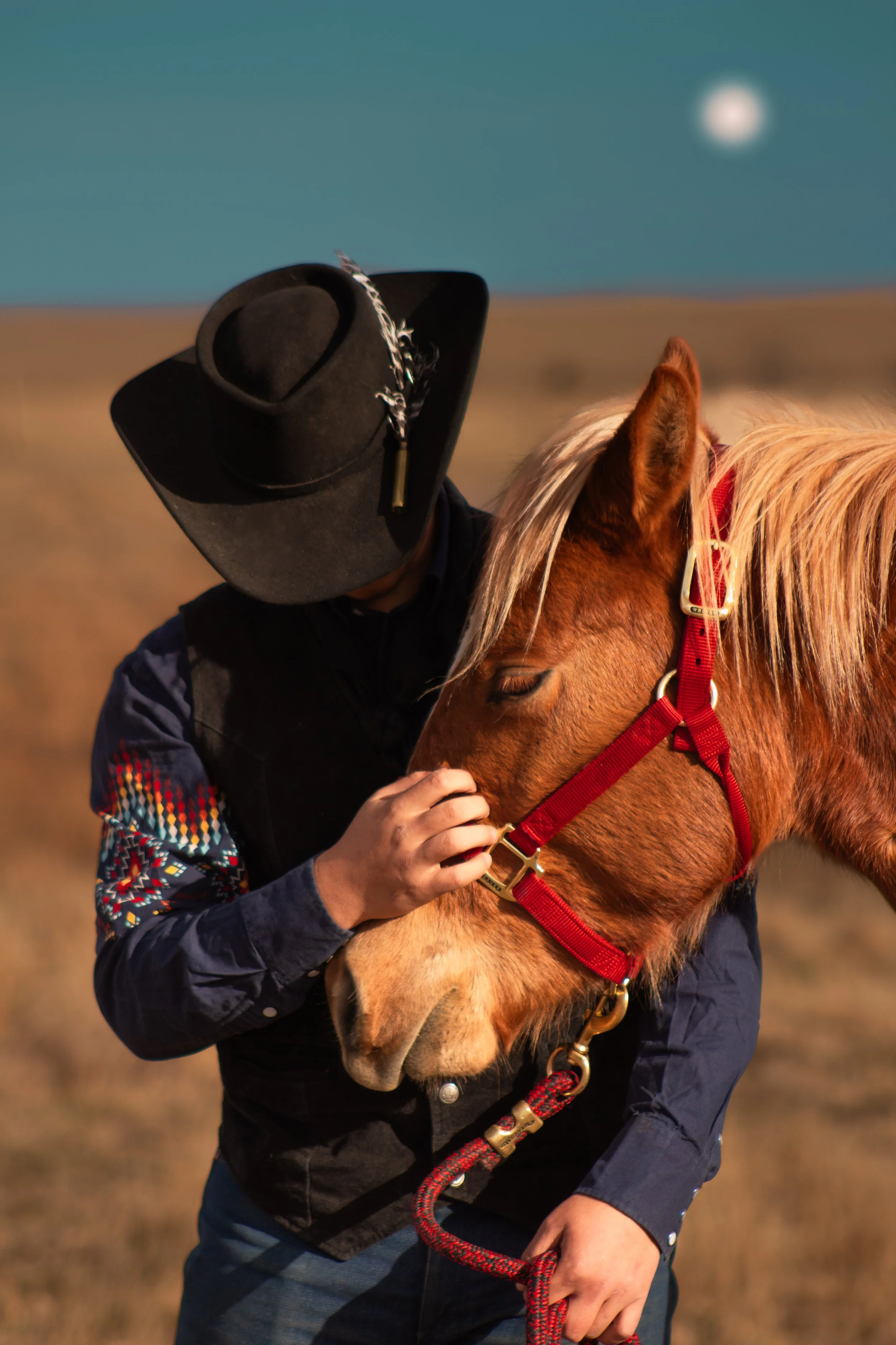 Person in a wide-brimmed black hat and colorful patterned jacket holding a chestnut-colored horse with a red halter in an open field with a bright moon in the sky.