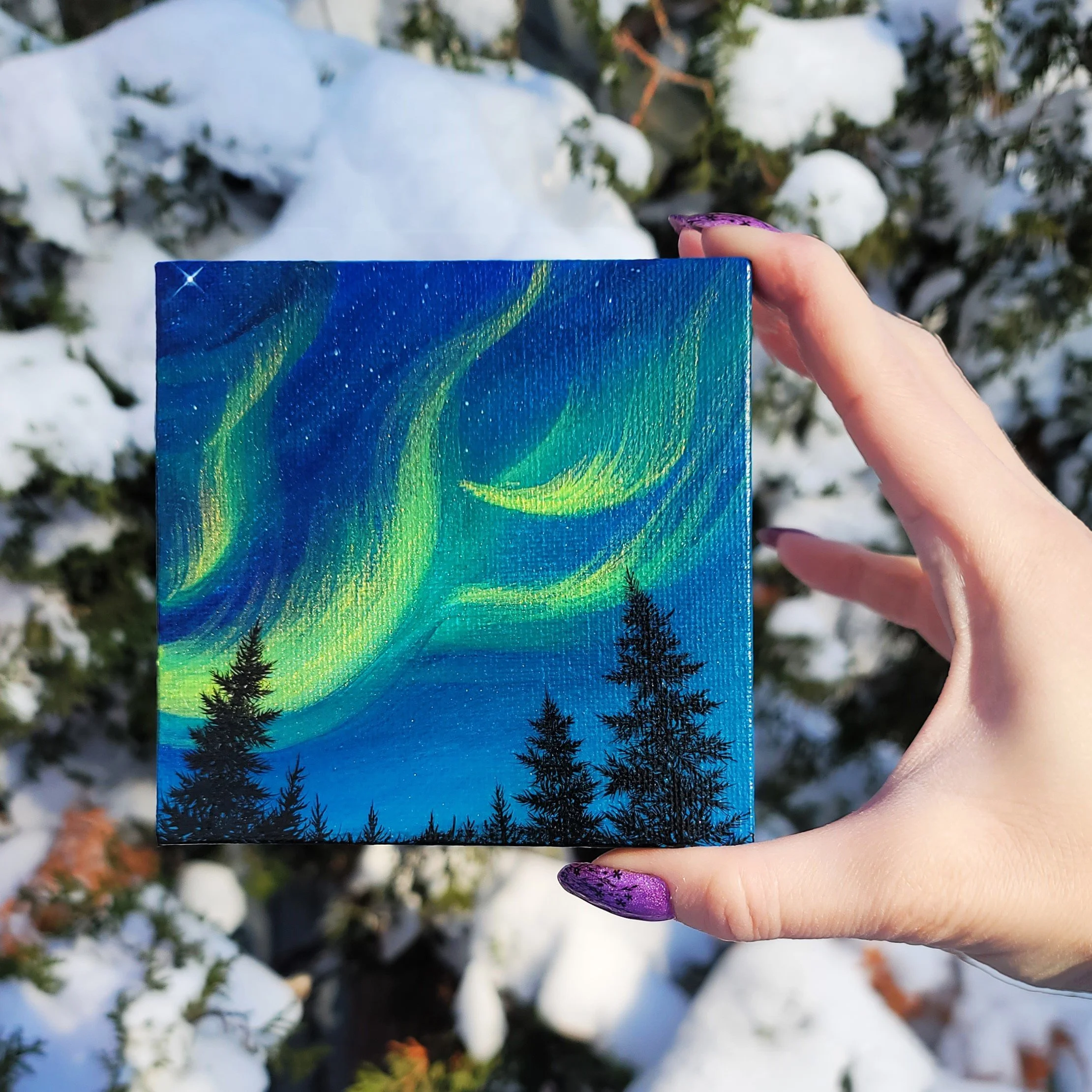 4 Inch Aurora Over The Forest Painting