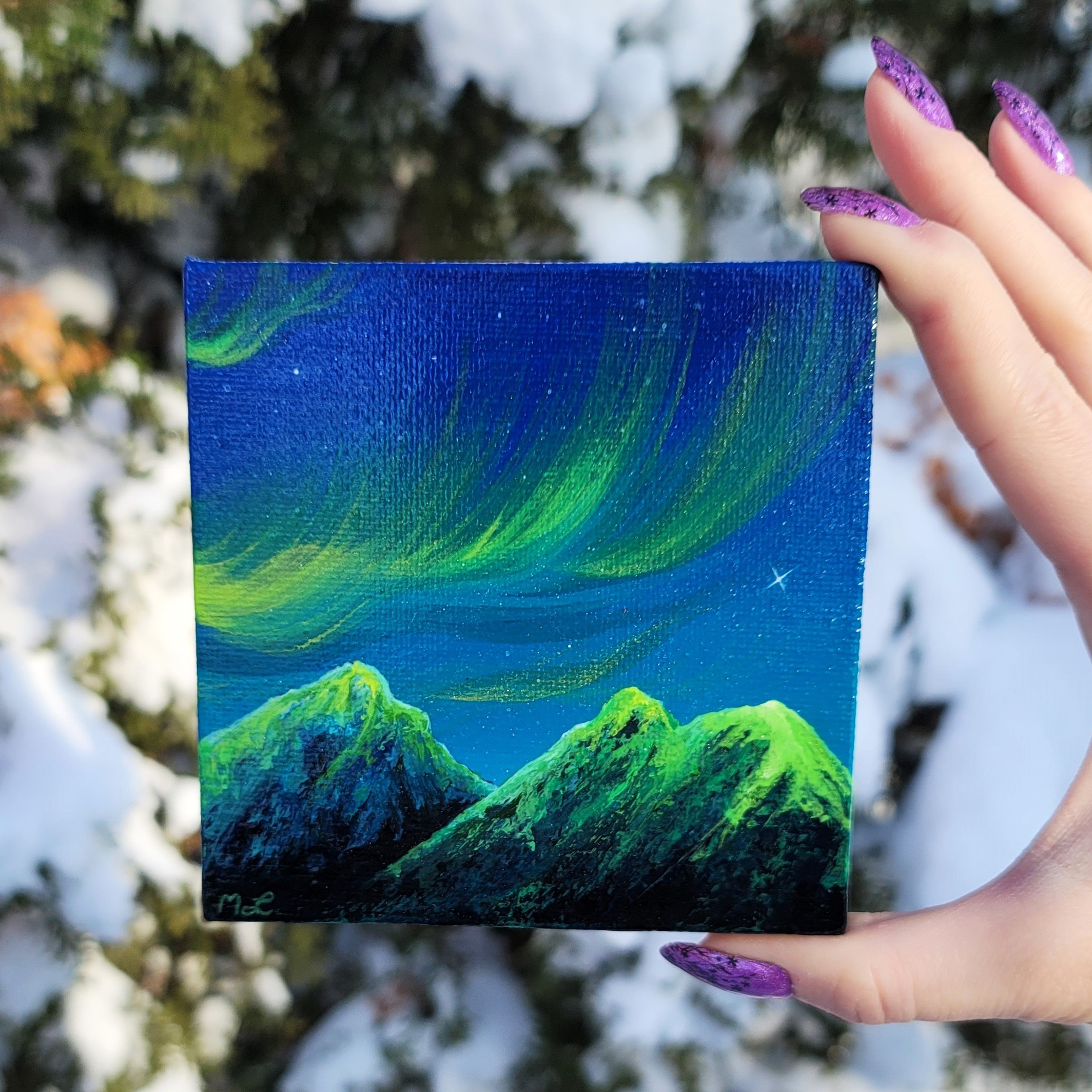 Aurora Over The Mountains, 4 Inch Acrylic Painting