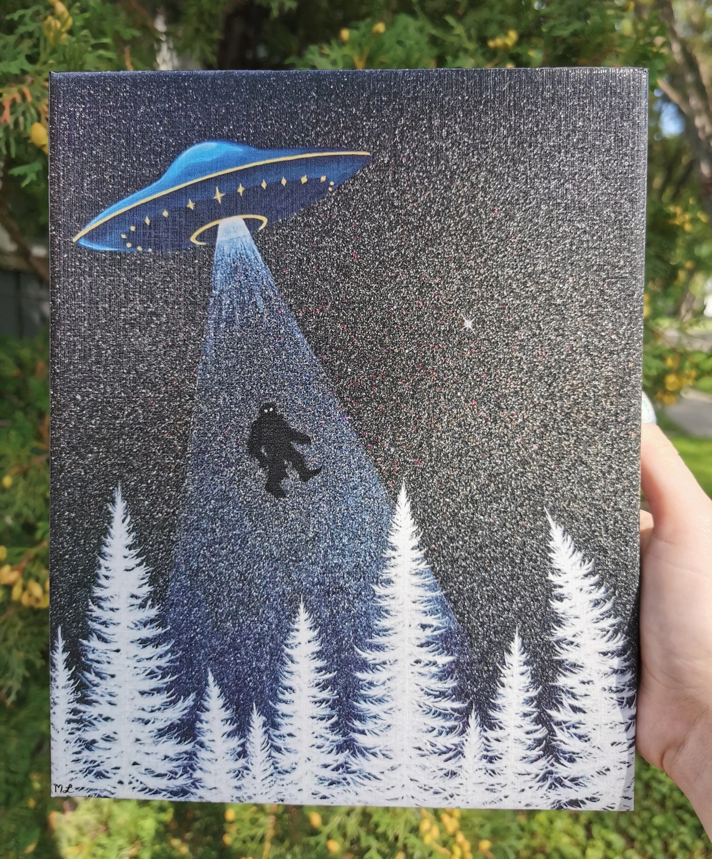 Hand Embellished, Canvas Textured Print Of "Do you ever wonder why we can’t find Bigfoot?"  8x10 Inches
