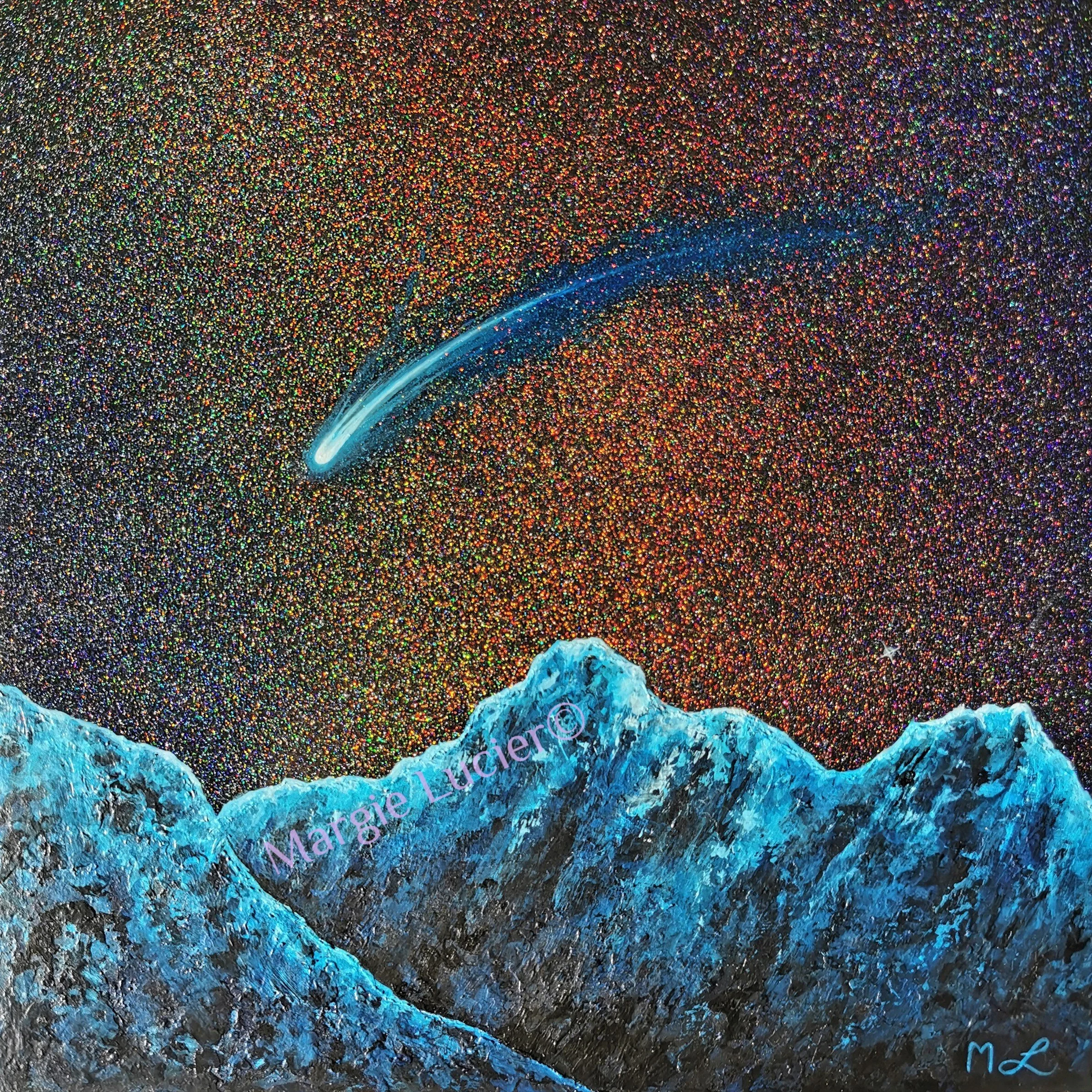 Neowise Comet Falling Over The Mountains, Original Painting