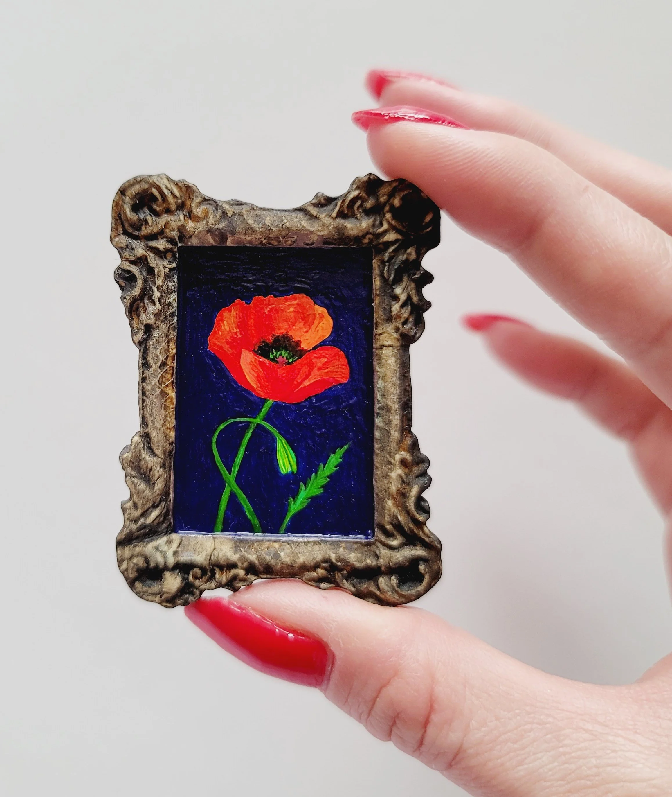 Poppies, Original Acrylic Painting In Clay Frame