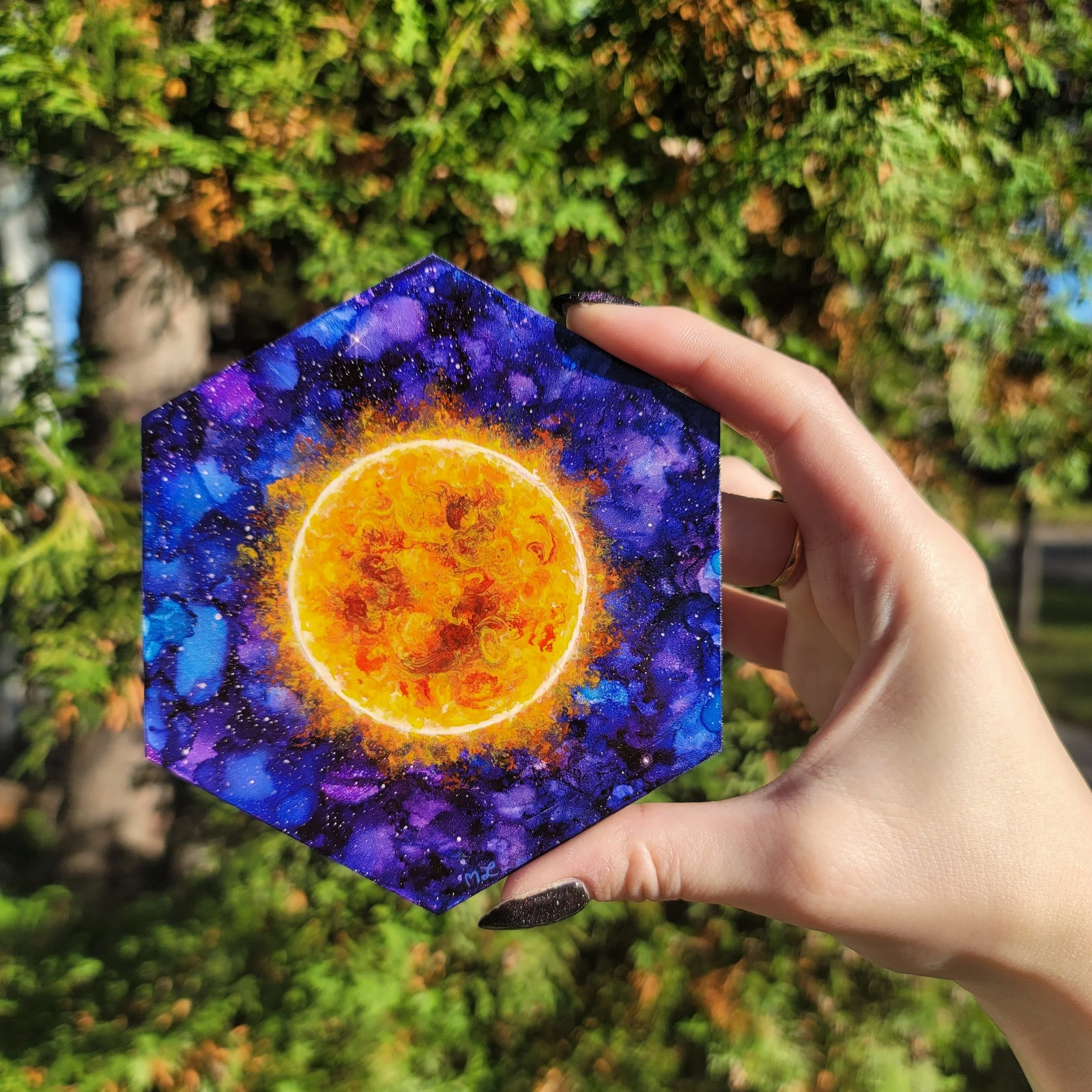 The Sun, Hexagon Mixed Media Painting