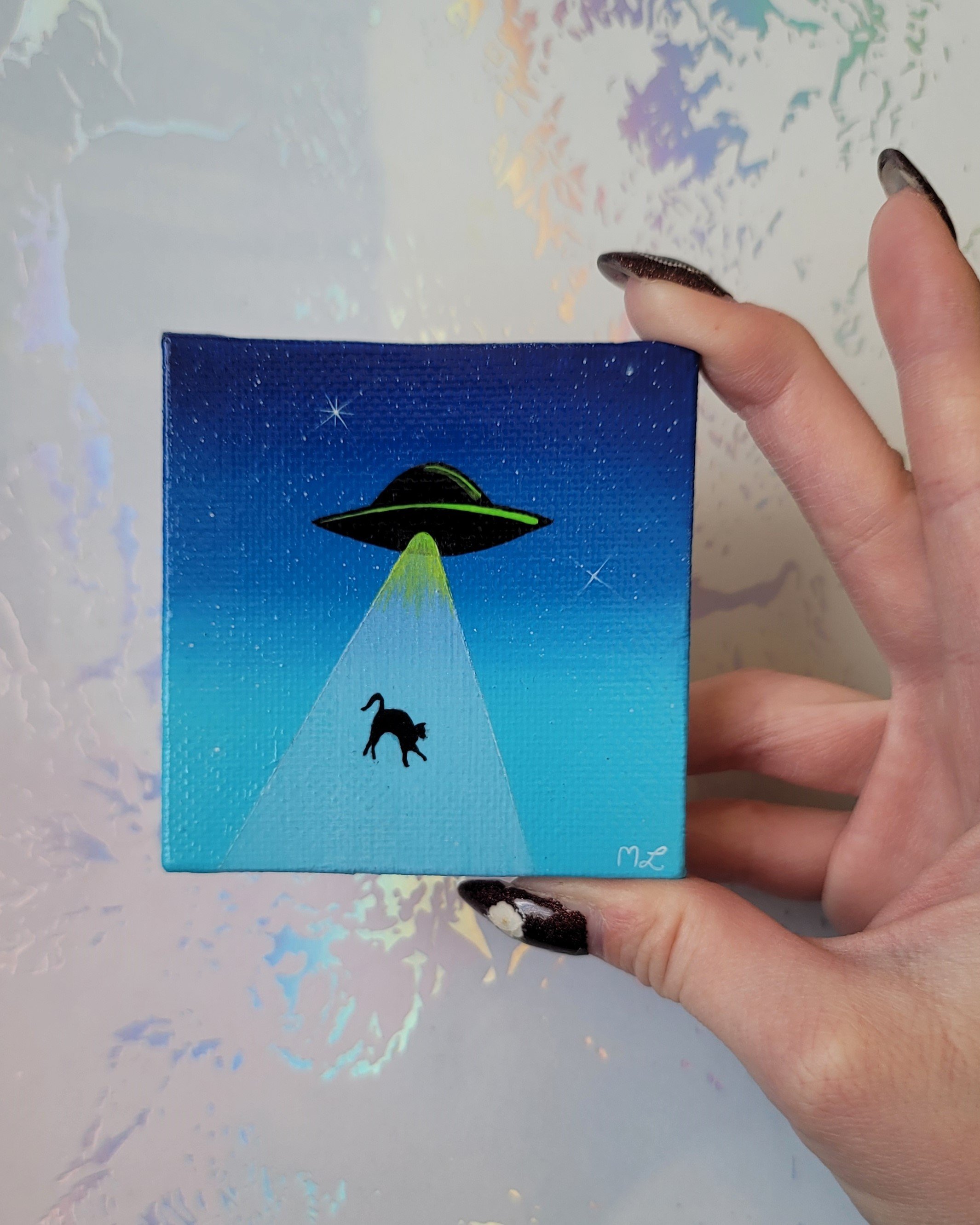 UFO Kitty Abduction, 3 Inch Painting