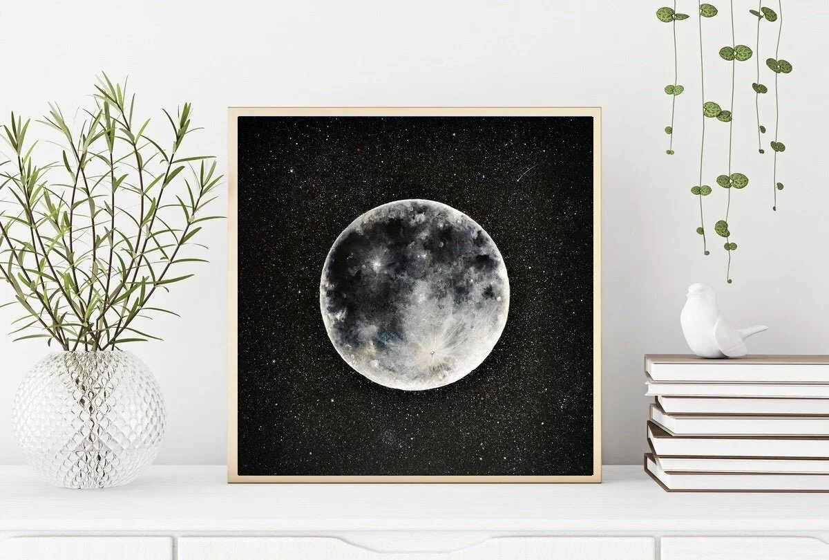 A framed picture of the moon against a starry night sky on a shelf, flanked by potted plants and stacked books.