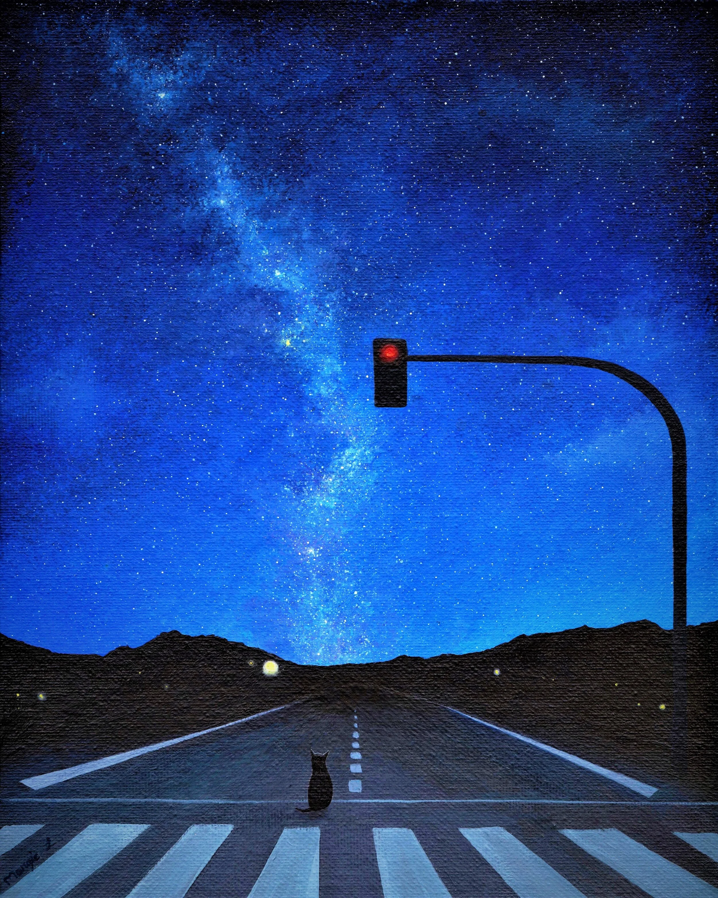 A crosswalk on a road with a black cat sitting in the middle, a traffic light showing red, and a starry night sky with the Milky Way galaxy in the background.