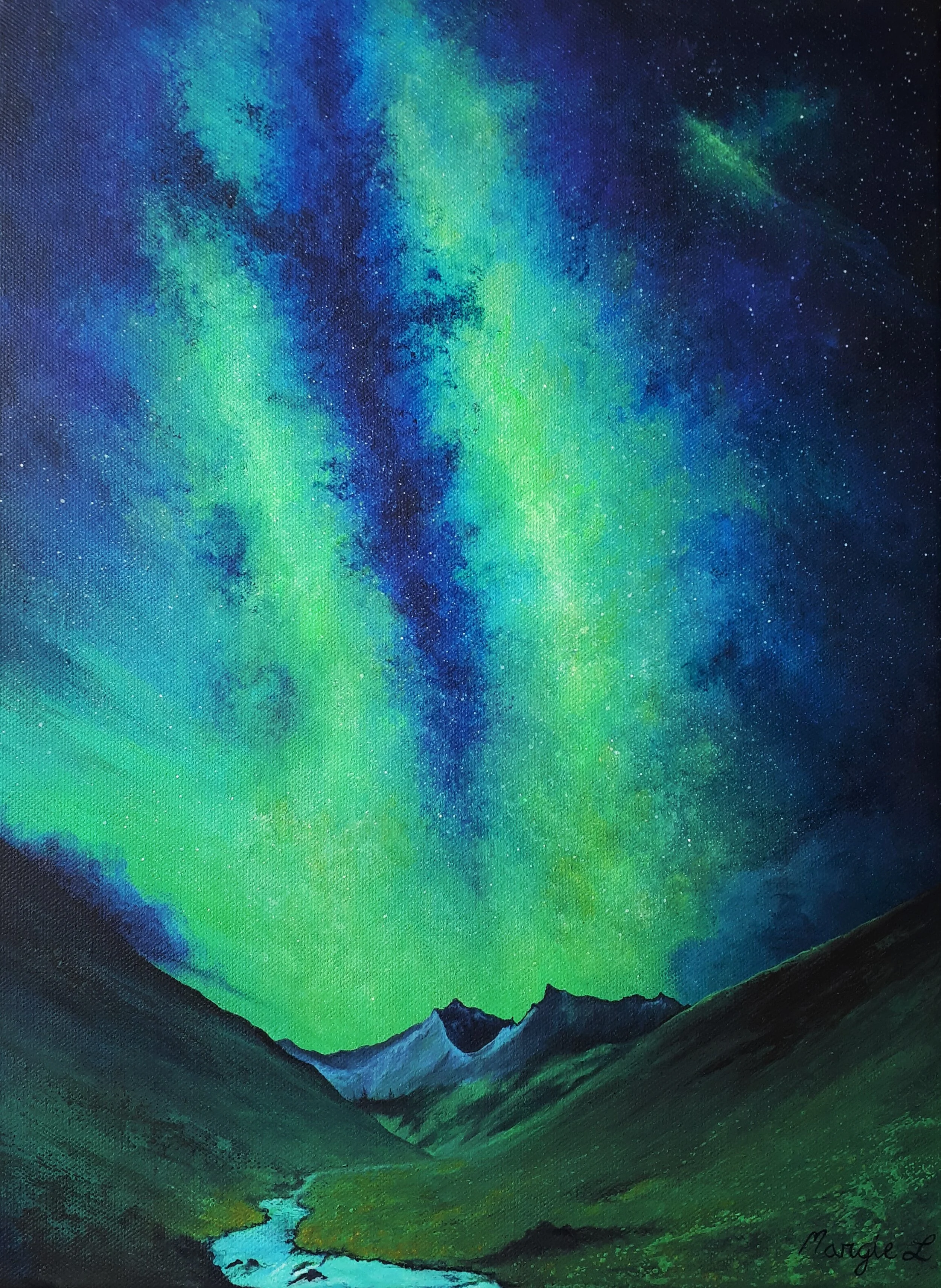 A painting of the night sky illuminated by vibrant green and blue aurora borealis over a mountain landscape with a river flowing through a green valley.