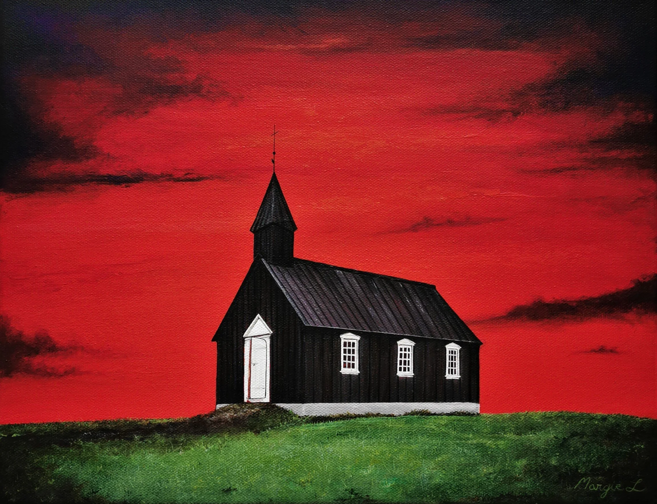Painting of a church in Iceland with a tall steeple and a cross, set against a vivid red and orange sunset sky with scattered clouds, green grass in the foreground.