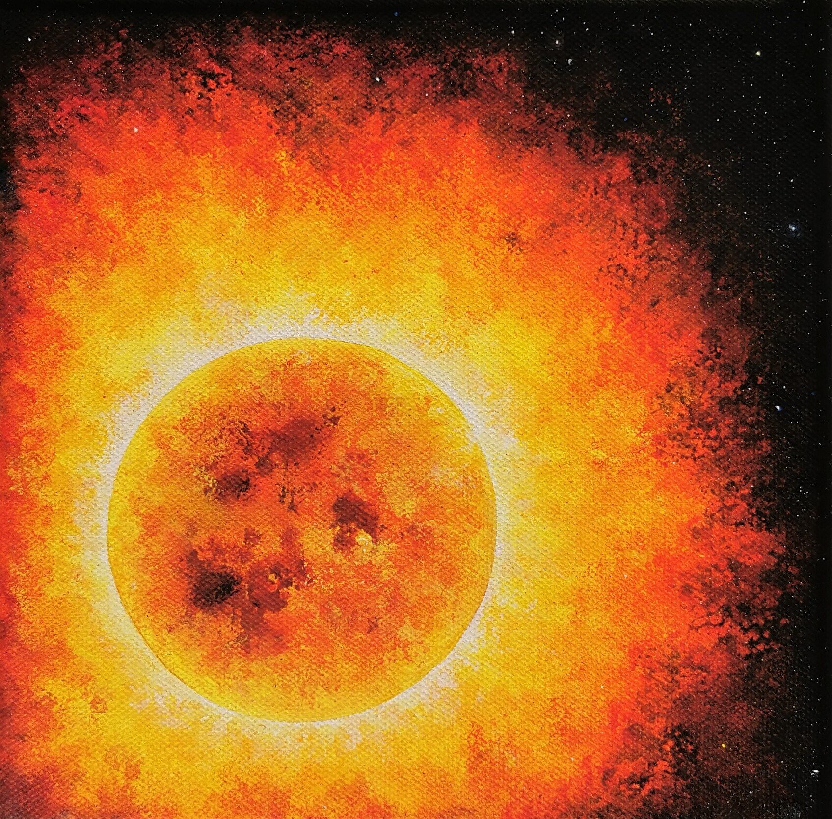 A painting of a solar eclipse with the sun's corona glowing around the moon in shades of orange, yellow, and black.