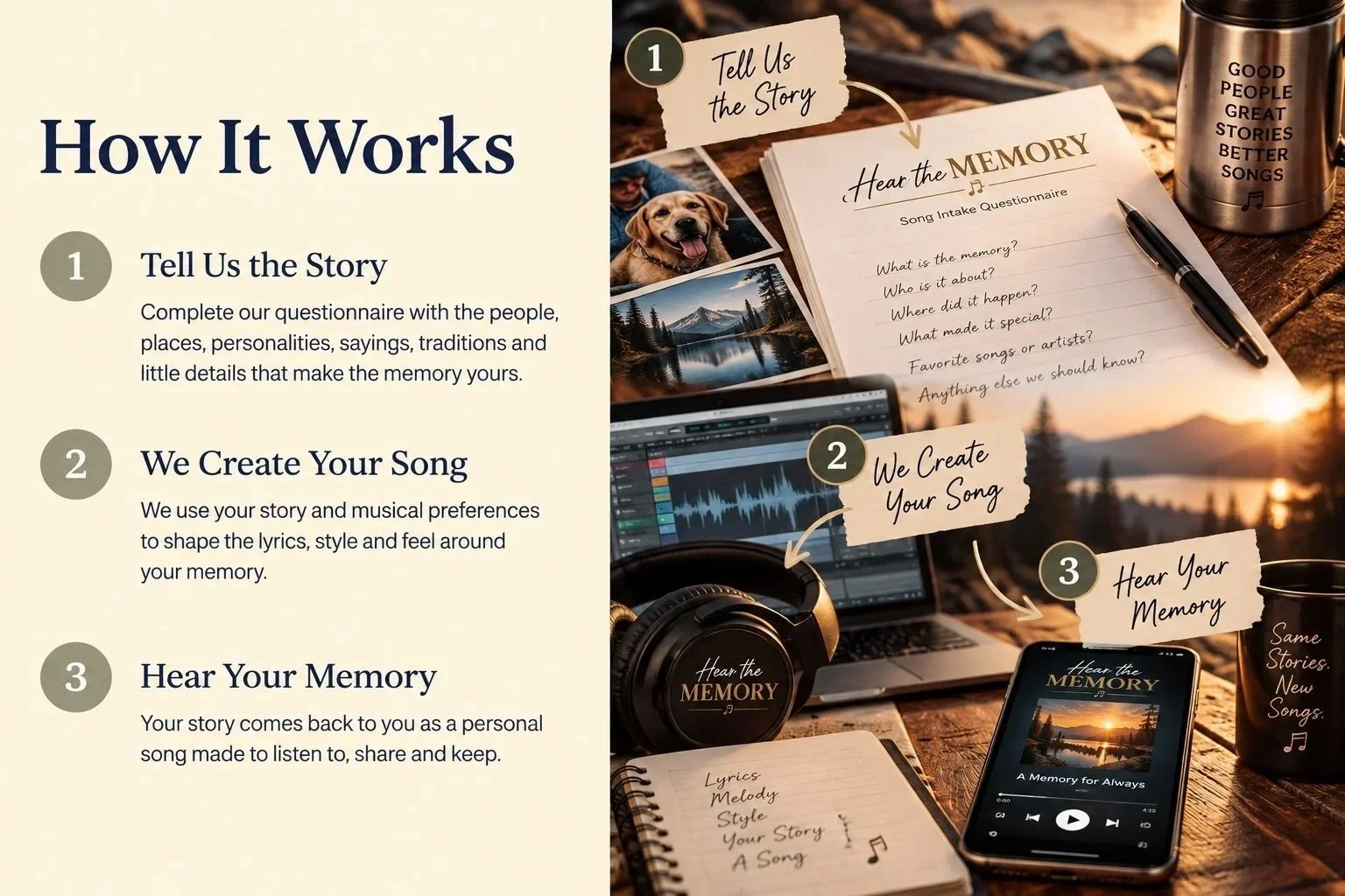 A diagram explains the process of creating a personalized song from stories and memories, including three steps: telling the story with questions, creating the song using music software, and hearing the personalized memory song. The image shows a notebook with story questions, a laptop with music production software, headphones, a smartphone playing a song, and a mug with the words 'Good people great stories better songs.'