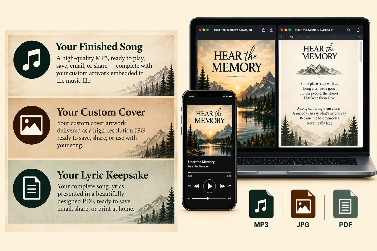 An informational graphic showcasing a process for sharing custom song art in various formats. It features a laptop and a smartphone displaying a mountain lake scene titled 'Hear the Memory' with lyrics on the screen. The graphic explains three options: MP3 for a ready-to-play song with artwork, JPG for a high-resolution cover image, and PDF for a complete song lyrics booklet.