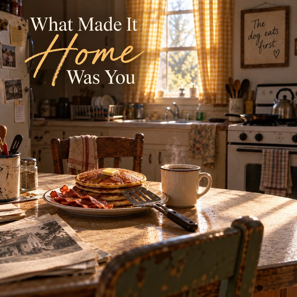 A cozy kitchen scene featuring a wooden table with a stack of pancakes topped with butter, a side of bacon, and a steaming cup of coffee. The background shows a window with yellow checkered curtains, a stove, and kitchen utensils, creating a warm, rustic atmosphere.