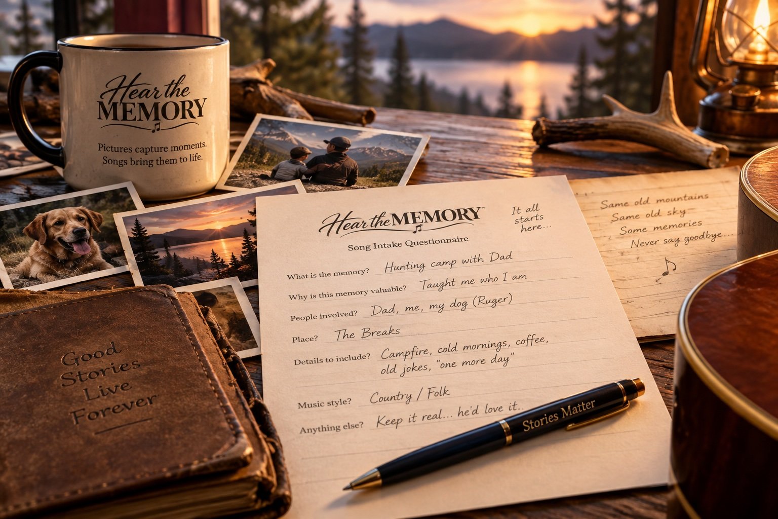 A desk with a coffee mug that reads 'Hear the memory,' several printed photographs of nature scenes and a dog, a leather-bound journal titled 'Good Stories Live Forever,' a handwritten letter titled 'Hear the Memory Song Intake Questionnaire,' a pen inscribed 'Stories Matter,' and a lit lantern with a sunset view of mountains and trees in the background.