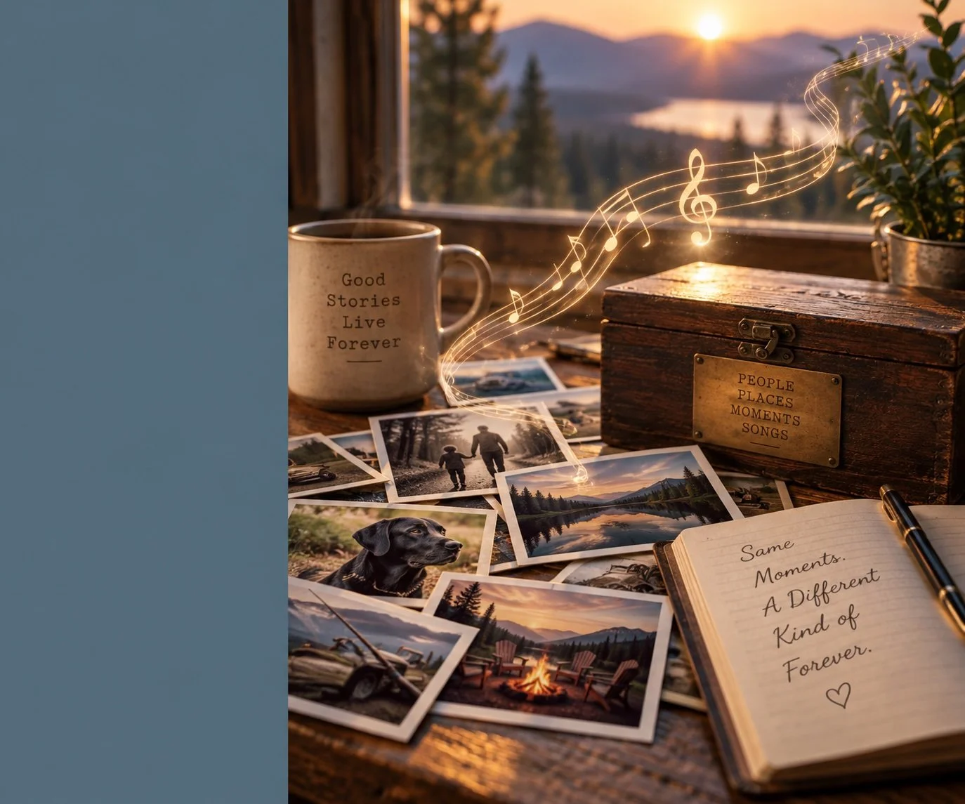 A wooden table with photographs of outdoor scenery, a black dog, and family moments, along with a notebook inscribed with 'Same moments. A different kind of forever' and a pen. A mug with the words 'Good stories live forever,' a wooden box labeled 'People places moments songs,' and a potted plant, all set near a window with a sunset view and a landscape in the background.