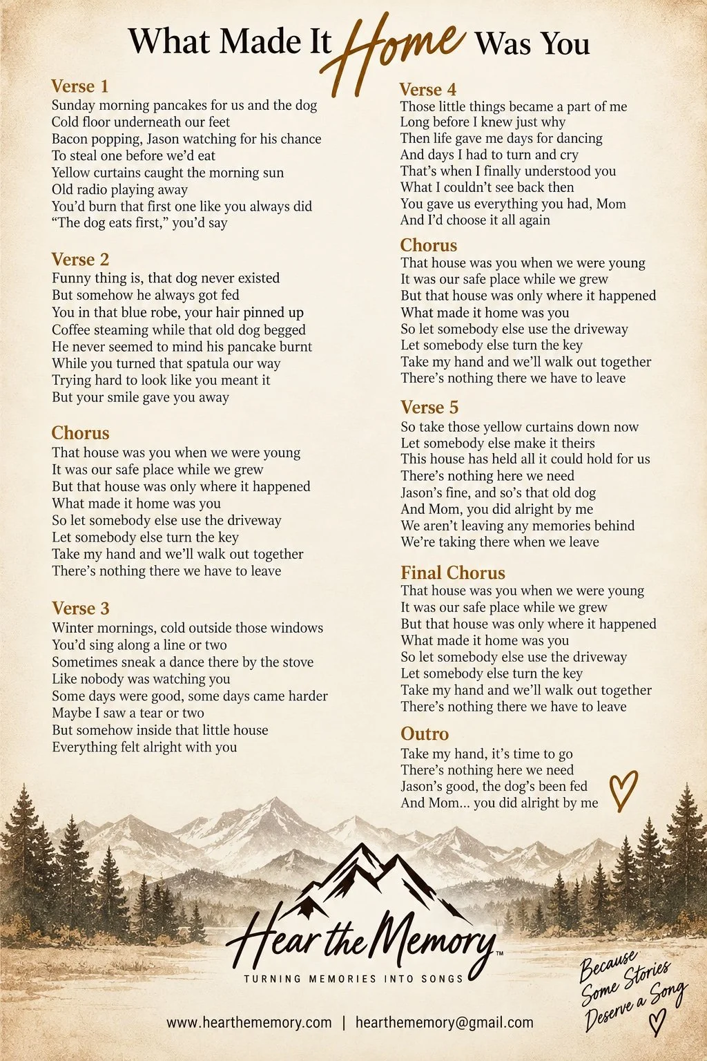 A heartfelt poem titled "What Made It Home Was You" with verses recalling cherished memories of family, home, and beloved pets. The background features a mountain landscape with trees and a subtle, warm color palette.