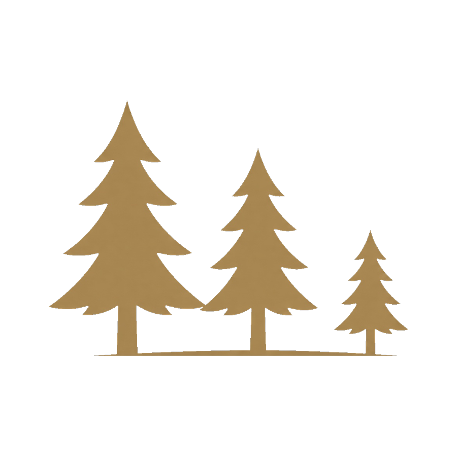 Three stylized gold pine trees on a black background.