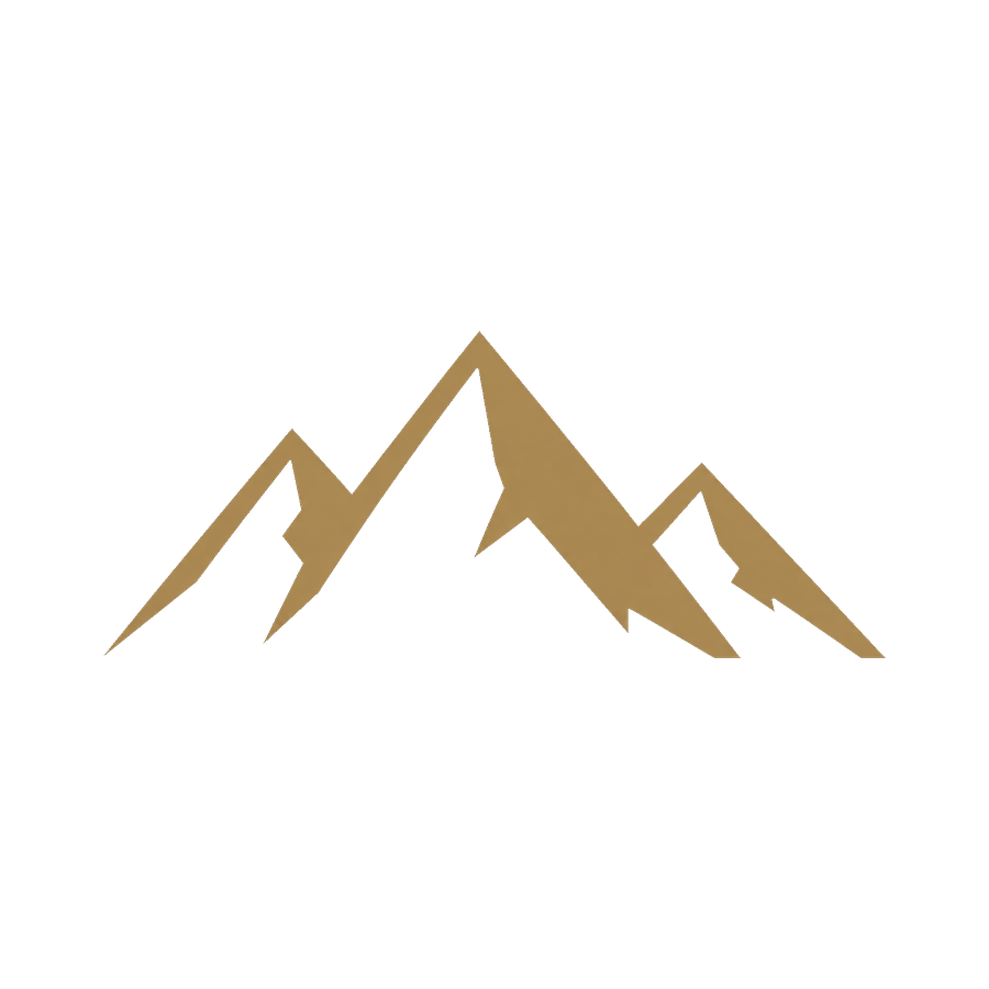 A minimalist logo featuring a stylized mountain range in gold against a black background, with the word 'Mountains' in bold uppercase letters below.