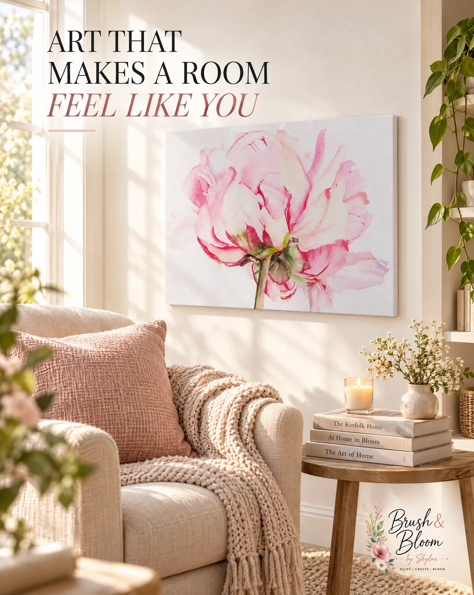 Blushing Peony | Watercolor Canvas Print | 12x12