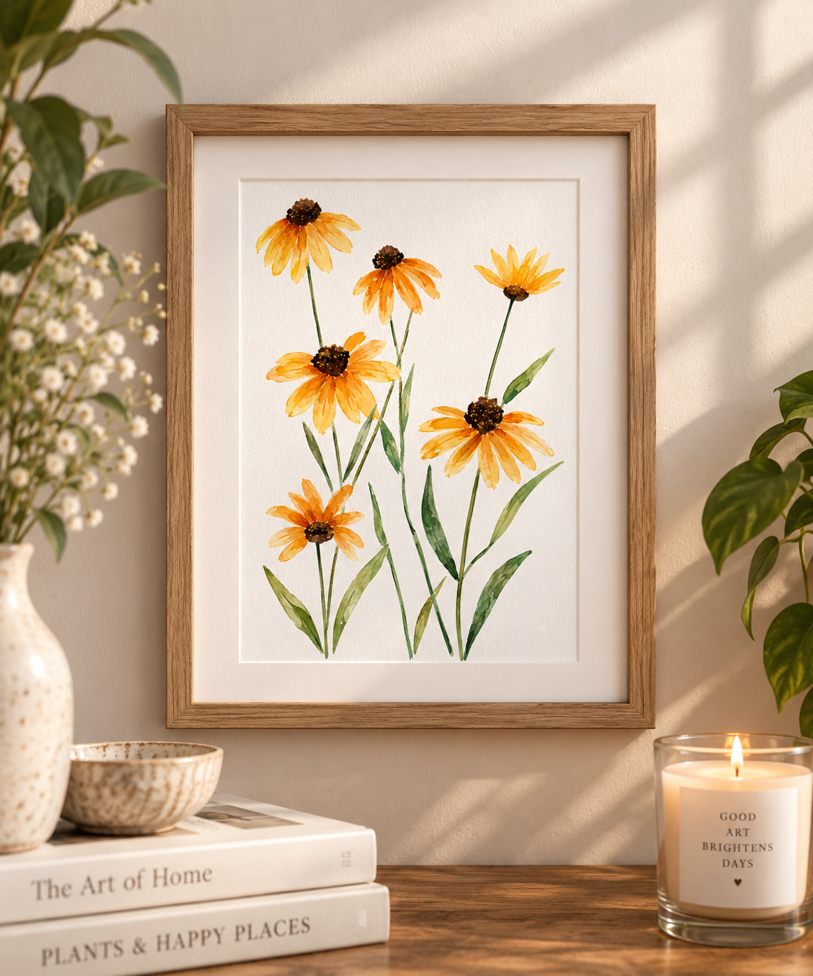 5x7 yellow coneflower watercolor print displayed in a natural wood frame on a warm neutral wall with botanical decor.