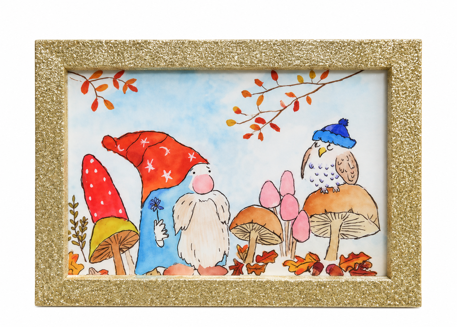 Framed Enchanted Autumn watercolor art featuring a gnome, owl, mushrooms, and colorful fall foliage