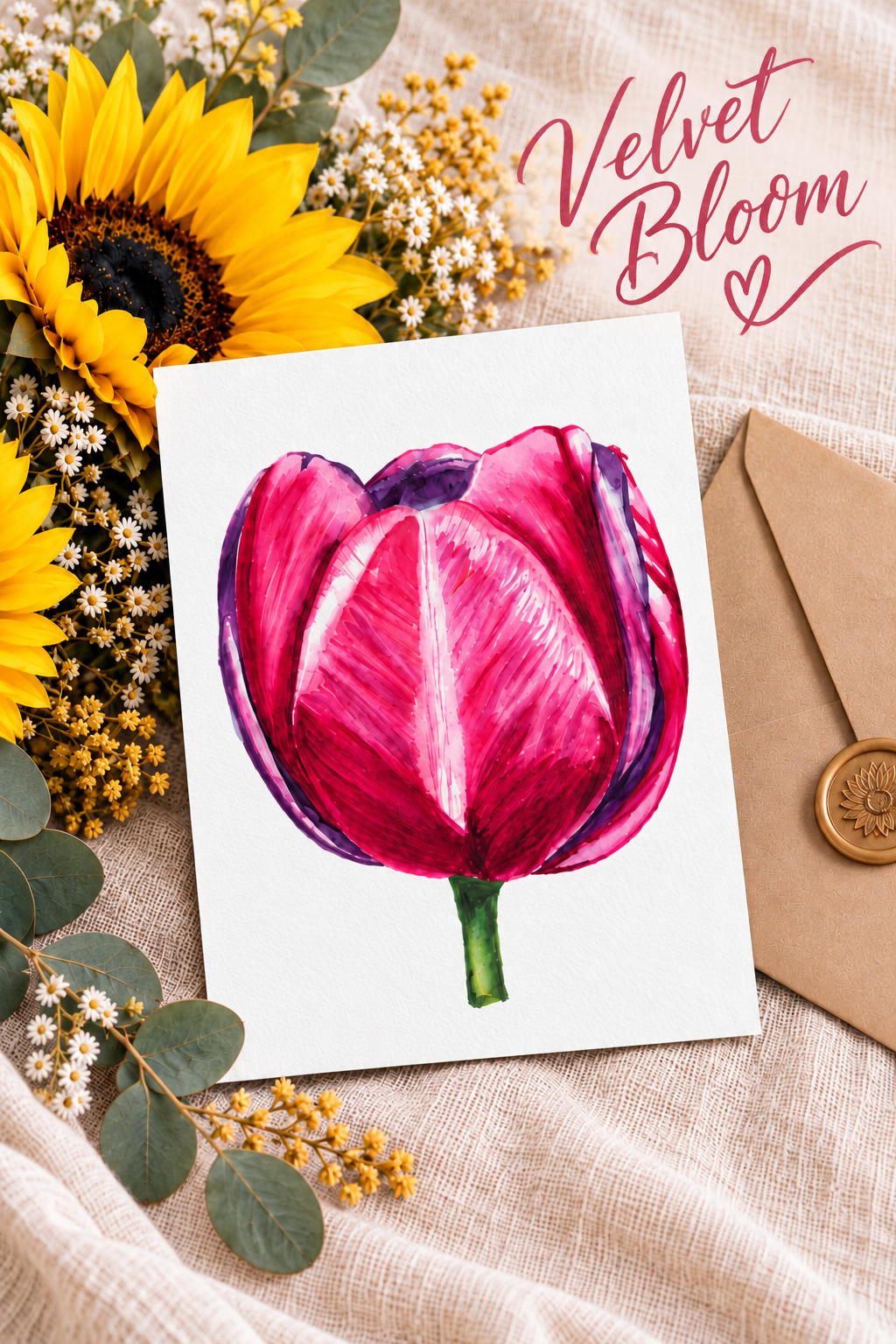 Velvet Bloom watercolor greeting card featuring a vibrant pink, burgundy, and purple tulip, styled with sunflowers and greenery.