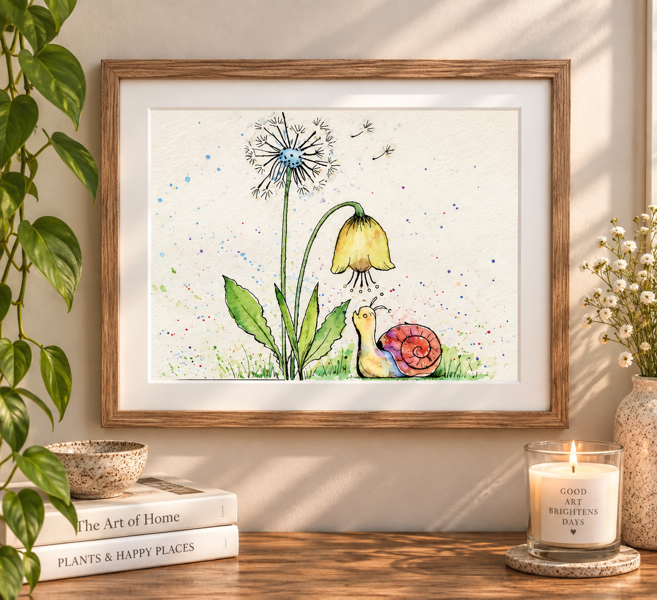 Framed watercolor print of a whimsical snail beneath a dandelion and drooping yellow flower, displayed in a natural wood frame on a warm neutral wall.