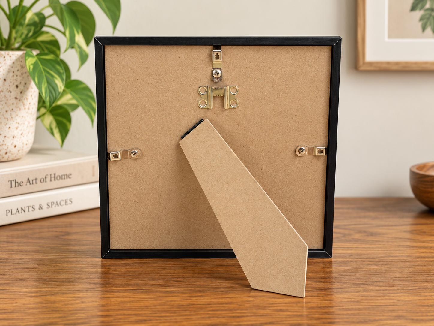 Back of the 8x8 black Garden Afterglow frame showing the tan backing, easel stand, hanging hardware, and frame fasteners.