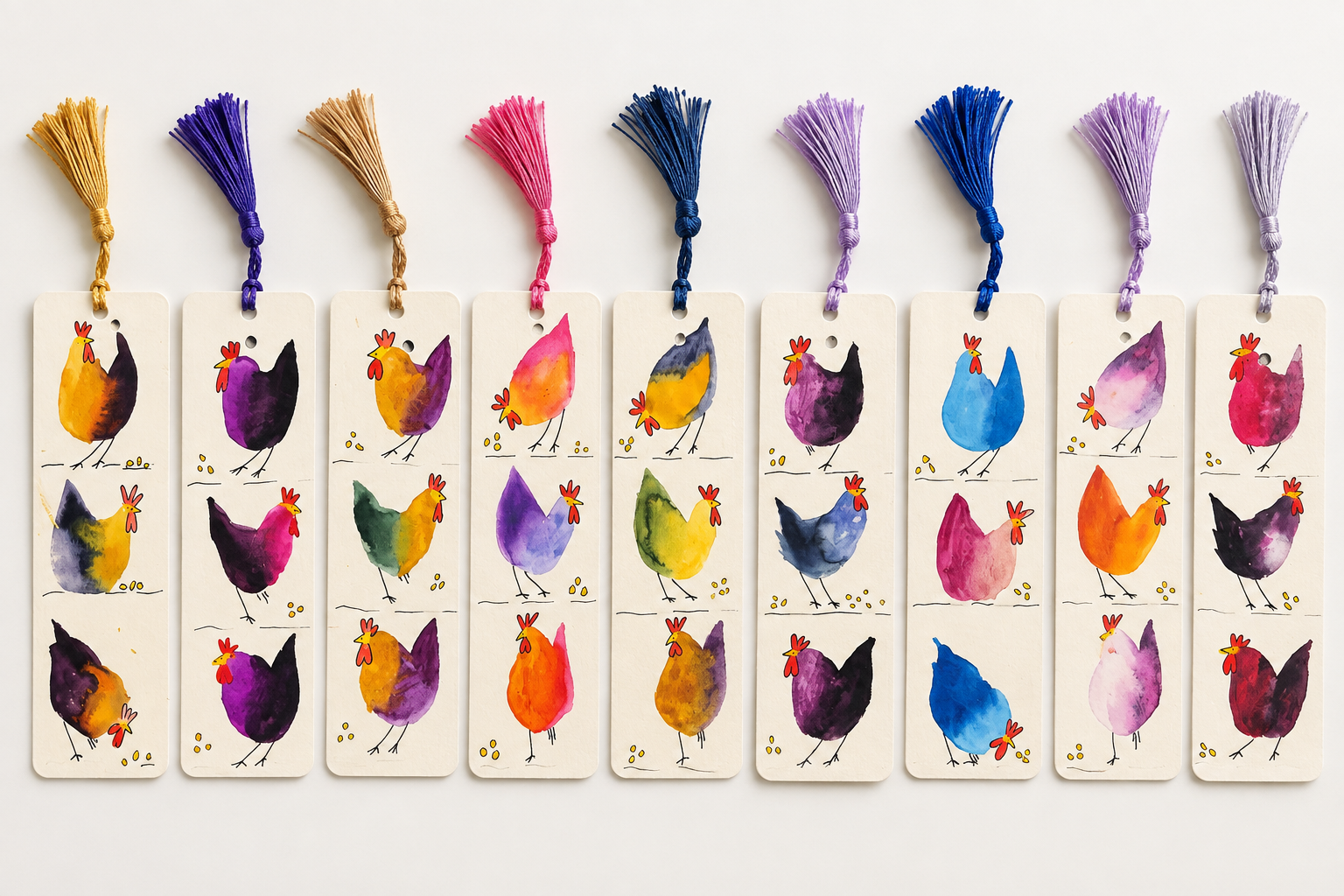 Collection of 5.5 by 2 inch watercolor chicken bookmarks featuring colorful whimsical chickens and coordinating tassels on a light background.