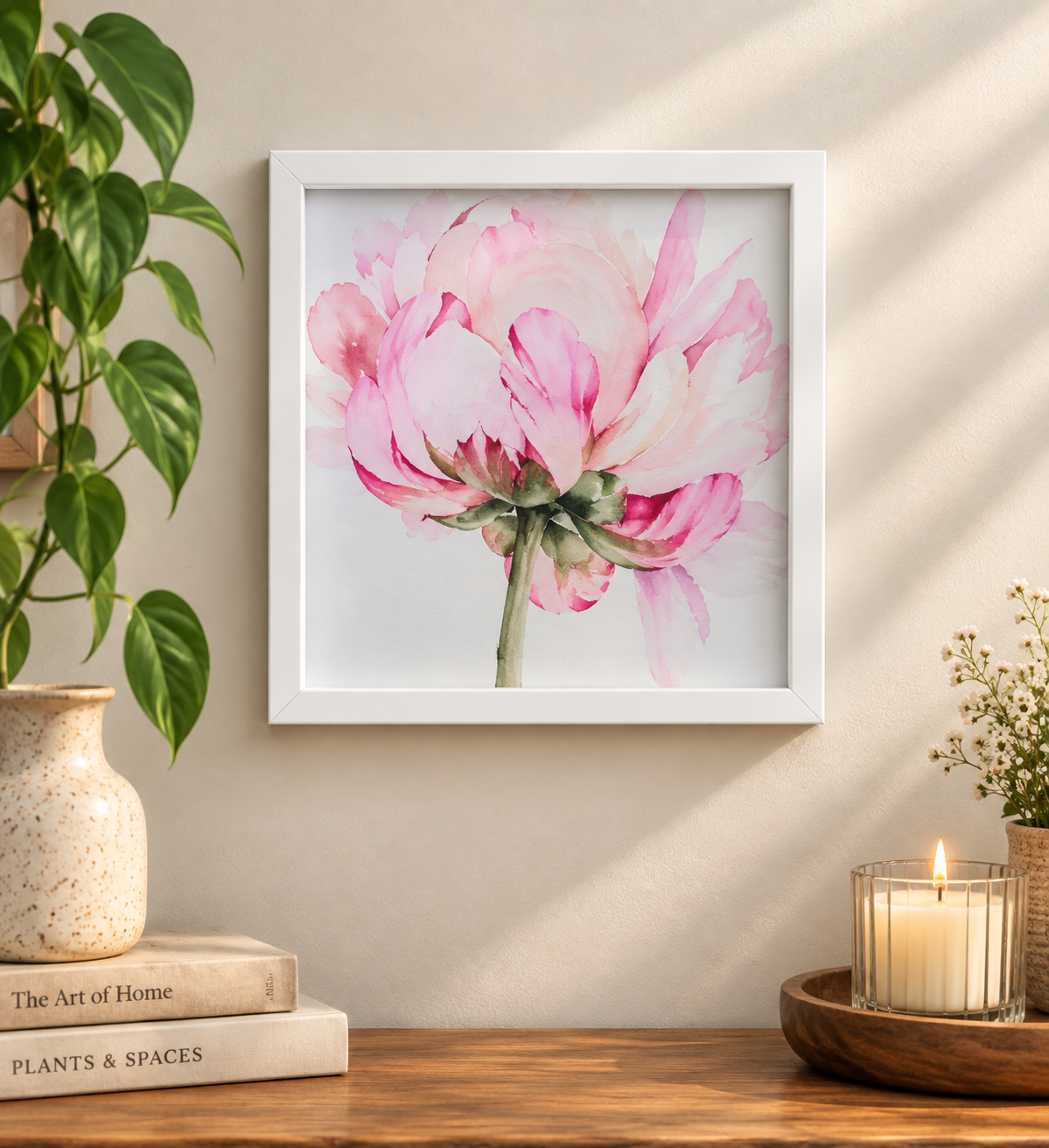 Blushing Peony | Framed Pink Watercolor Print | 8x8