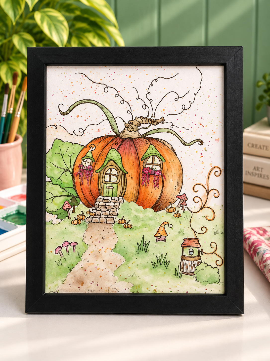 Whimsical Pumpkin Cottage | Framed Watercolor Print | 8×10