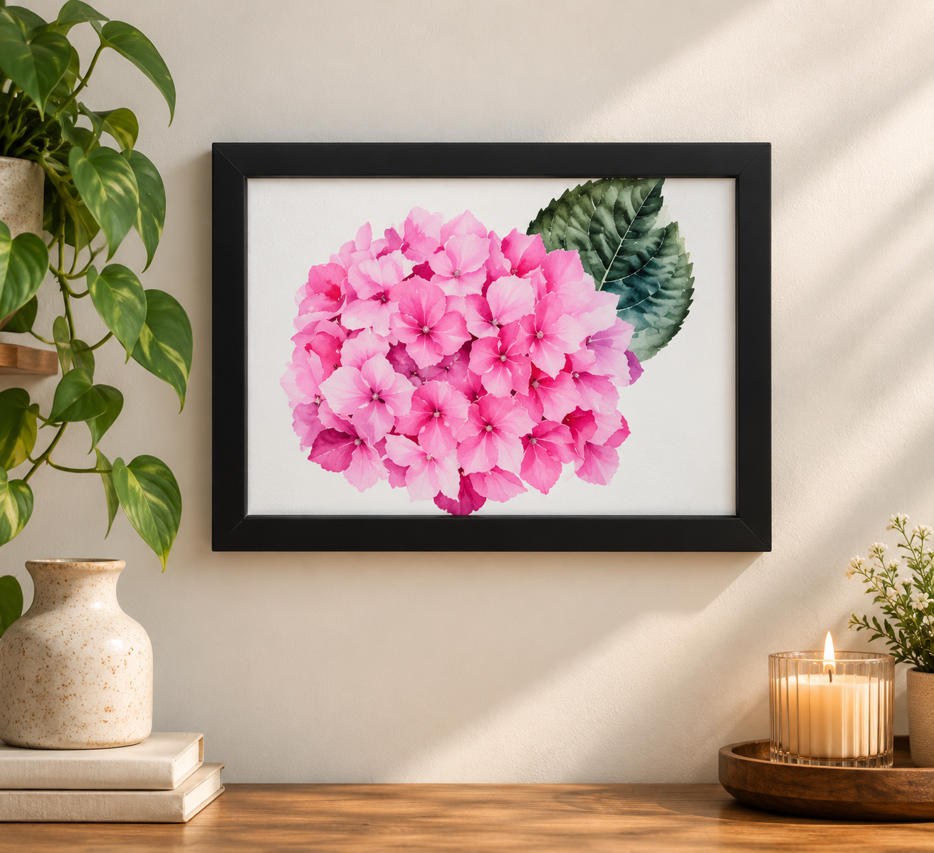 Blushing Hydrangea | Pink Floral Watercolor Framed Art | 5x7