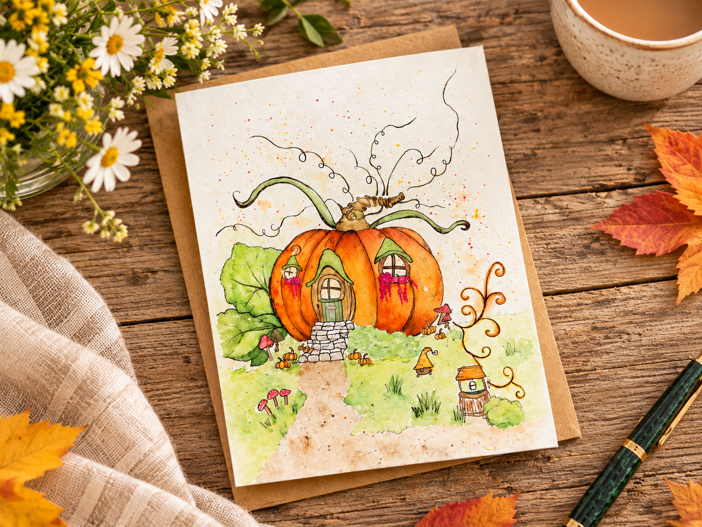 Sunflower watercolor greeting card displayed with a kraft envelope, golden wax seal, fresh sunflowers, eucalyptus, and soft neutral linen.