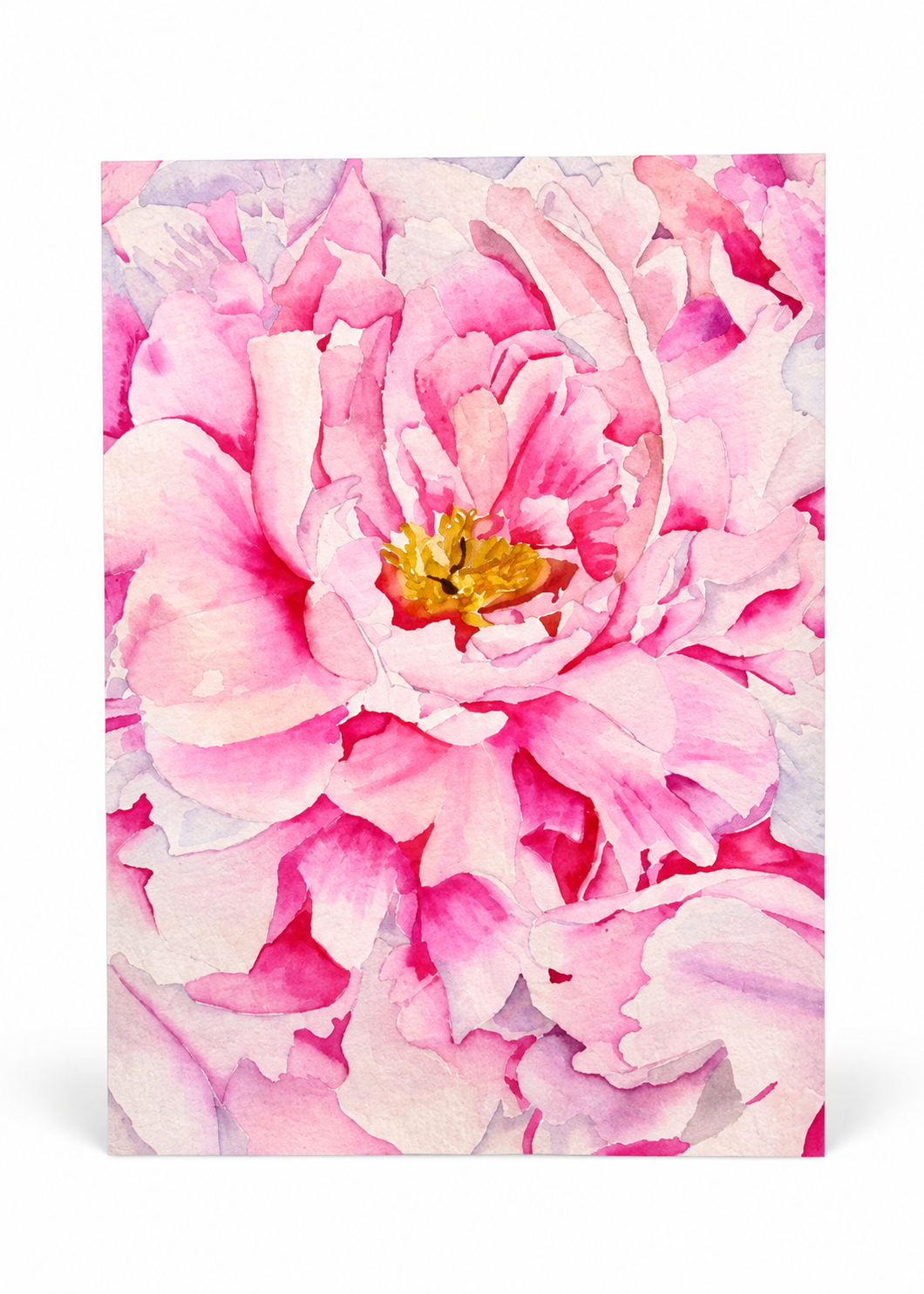 Petals Upon Petals 3.5 by 5 inch greeting card featuring layered pink watercolor-style peony petals with a golden floral center.