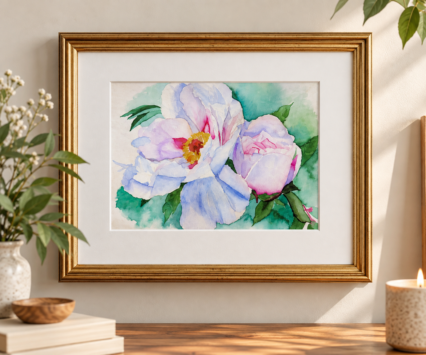 Garden Afterglow floral watercolor print displayed in a gold frame on a neutral wall, featuring soft peonies in lavender, blush pink, blue and green.