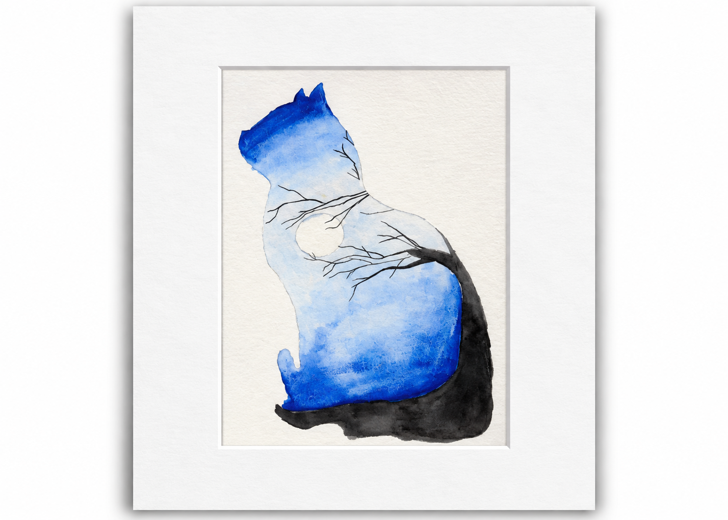 Blue Whiskers 5x7 watercolor print featuring a blue seated cat silhouette with delicate tree branches and a pale moon, displayed in a white 8x10 mat.