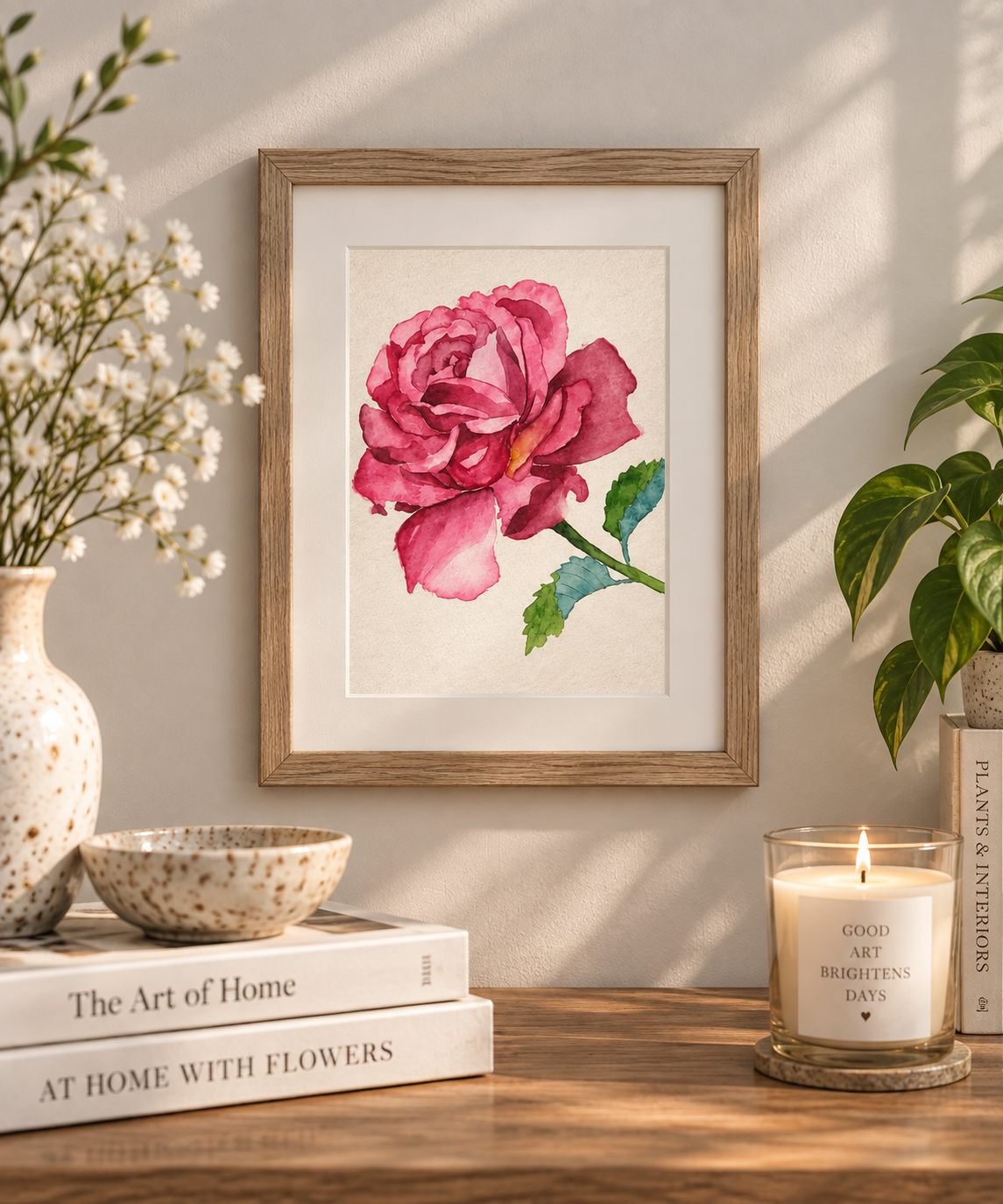 Pretty in Peony 5×7 pink peony watercolor print displayed in a natural wood frame on a softly styled neutral wall.