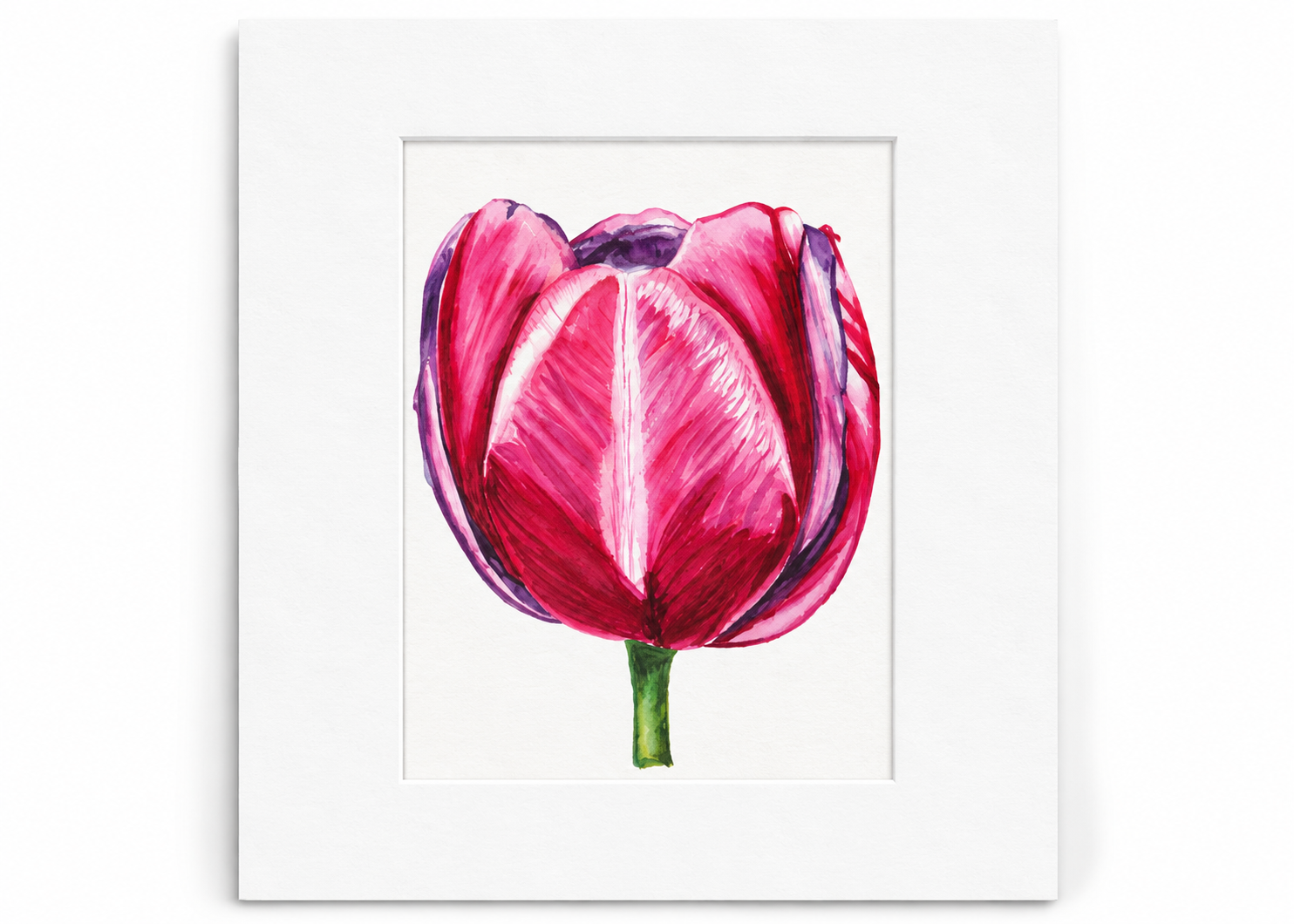 Velvet Bloom 5x7 floral watercolor print featuring a deep pink and plum tulip displayed in a white 8x10 mat.