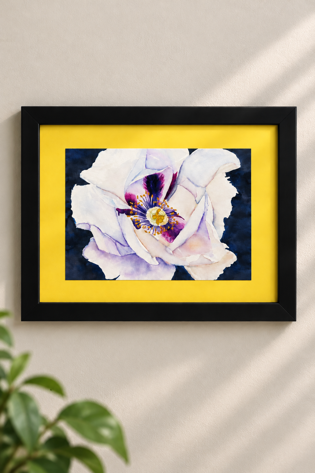 Quiet Bloom framed floral watercolor print displayed on a neutral wall, featuring a white and lavender flower surrounded by a golden-yellow mat and black 8x10 frame.