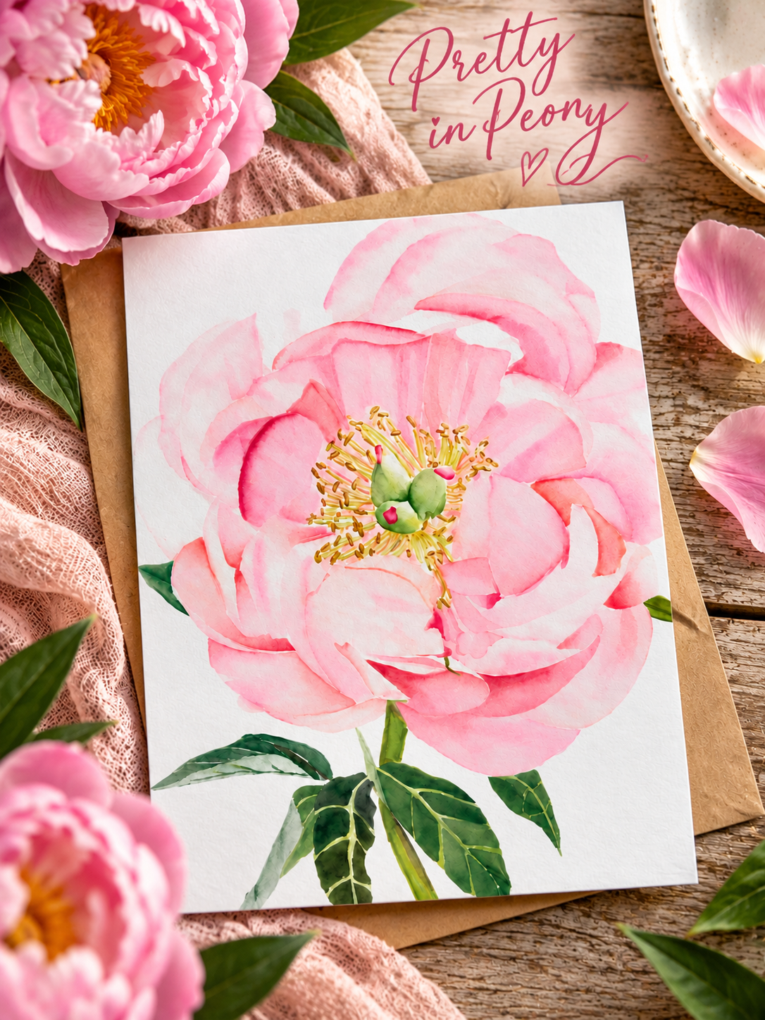Pretty in Peony watercolor greeting card featuring a soft pink peony, styled with fresh flowers and pink fabric on a rustic wooden background.
