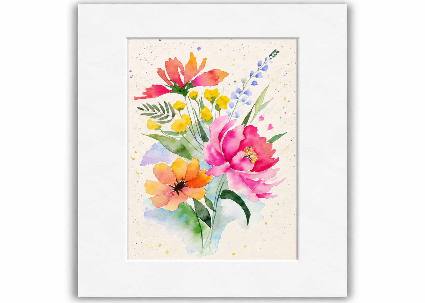 5×7 Wildflower Bouquet watercolor print featuring pink, coral, yellow, blue and lavender flowers with green foliage in an 8×10 white mat.