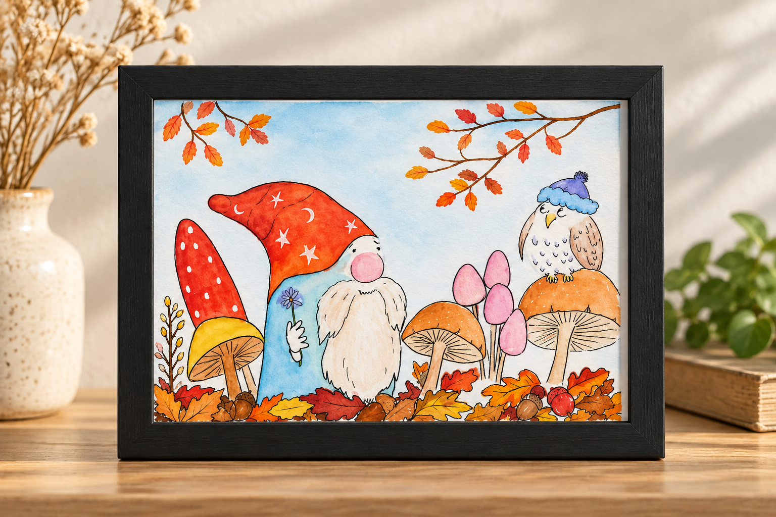 5x7 Enchanted Autumn watercolor art print featuring a whimsical gnome, colorful mushrooms, autumn leaves, and a small owl.