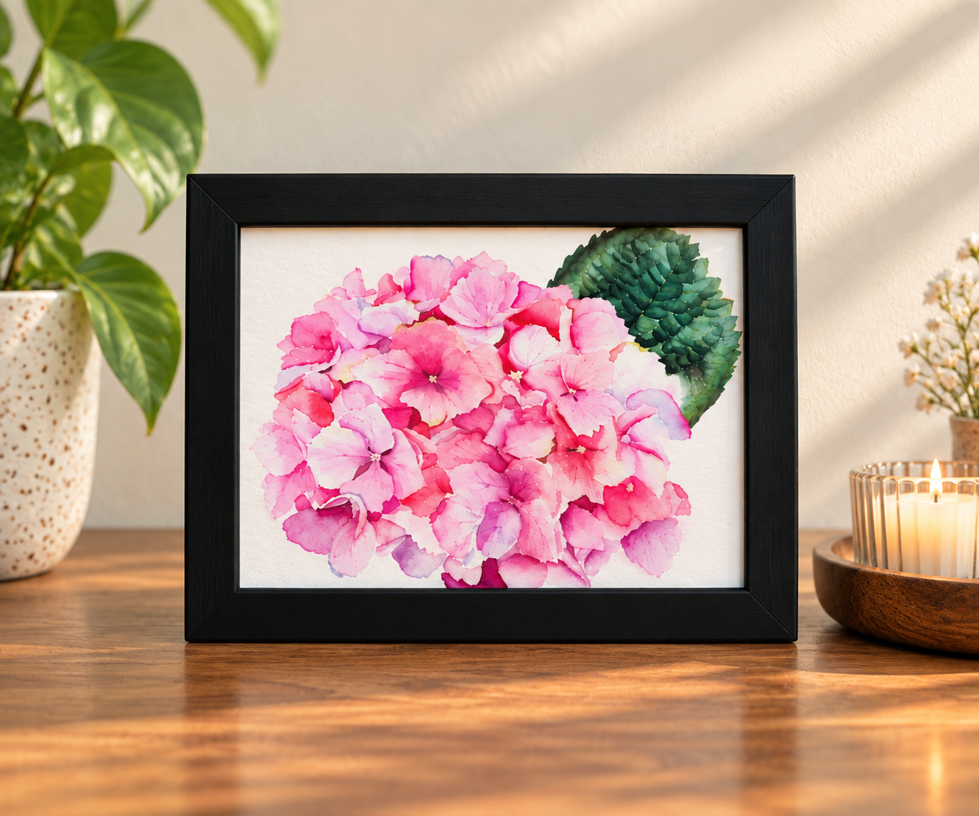Pink hydrangea watercolor print displayed in a 5×7 black frame without a mat, styled on a warm wood surface with soft botanical decor.