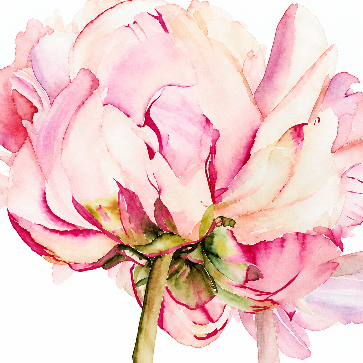 Close-up view of the Blushing Peony watercolor print showing layered blush pink petals, deep rose accents, and soft green details.