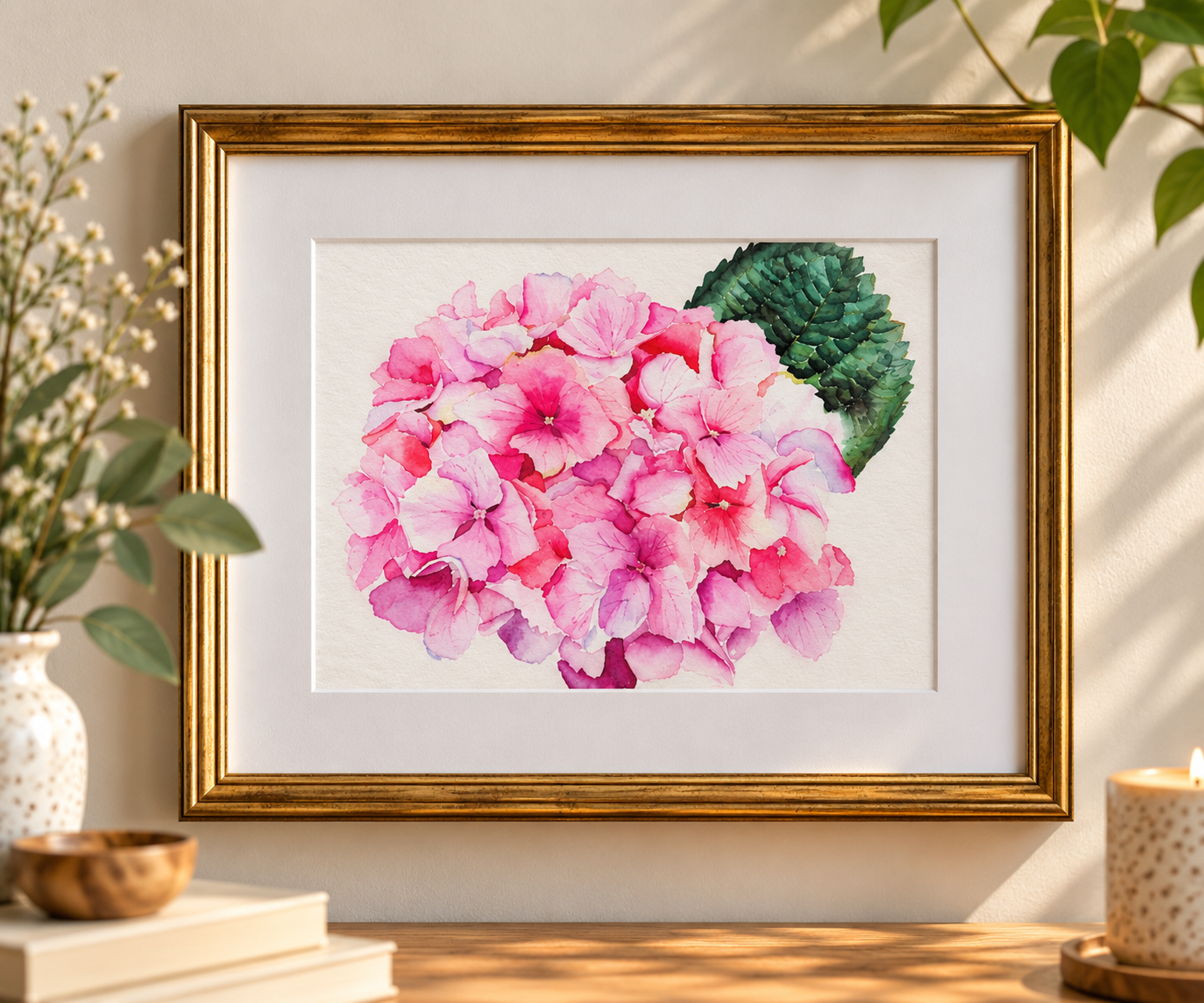 Blushing Hydrangea | Pink Floral Watercolor Print | 5x7 Art in 8x10 Mat